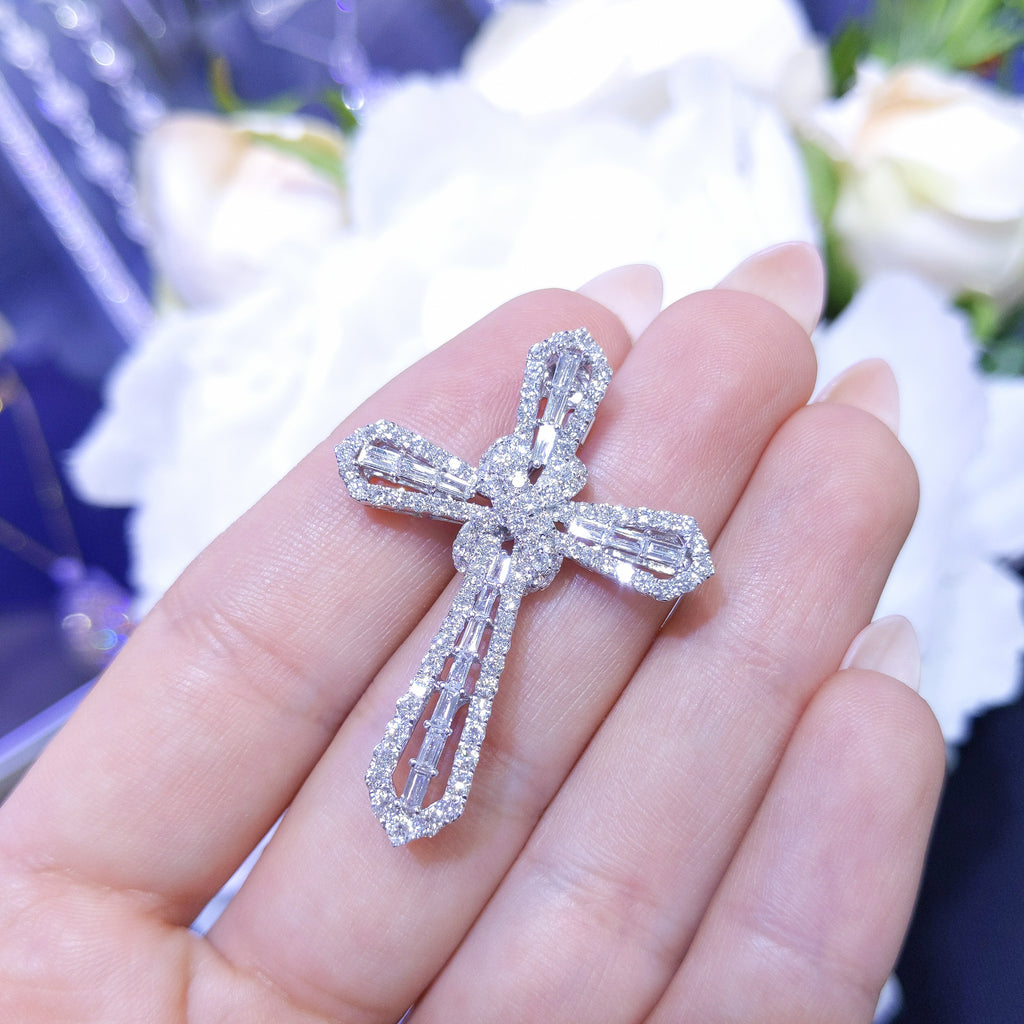 1.99ct Diamond Baguette & Round Cross Pendant Necklace in 18K White Gold PP1978