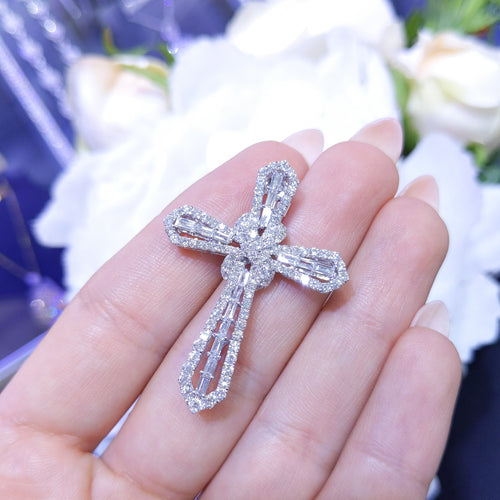 1.99ct Diamond Baguette & Round Cross Pendant Necklace in 18K White Gold PP1978
