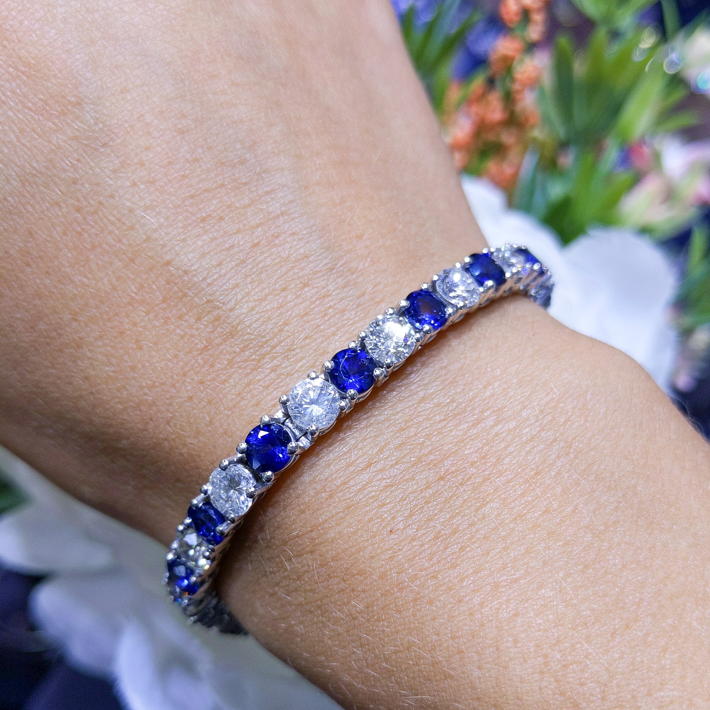 14K White Gold Sapphire & Diamond Tennis Bracelet – 13.10CT Natural Royal Blue Sapphires / 8.90CT Diamonds | SDB031