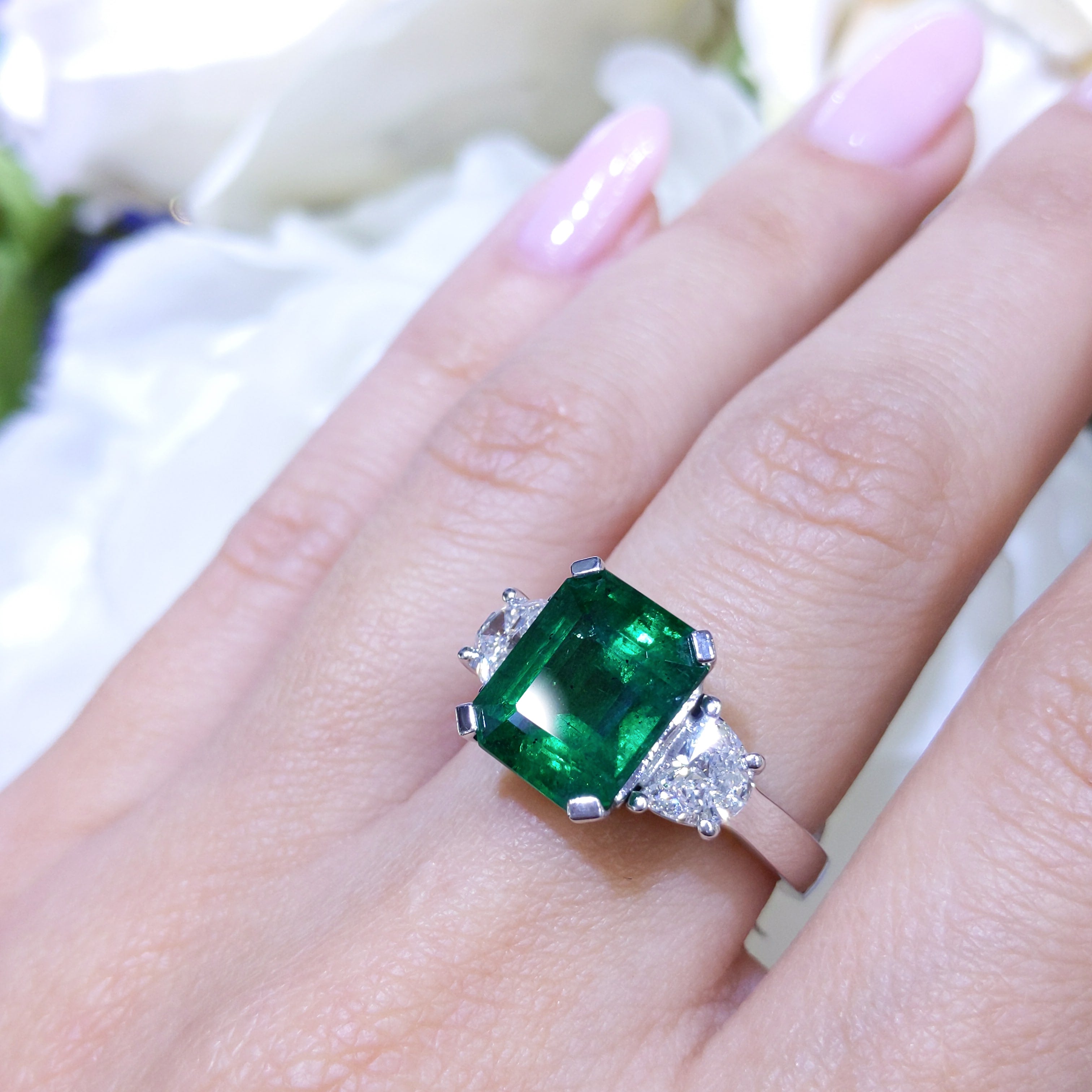 Emerald Cut Emerald Ring with Half Moon Diamond Side Stones – 4.99CT | EMDR019