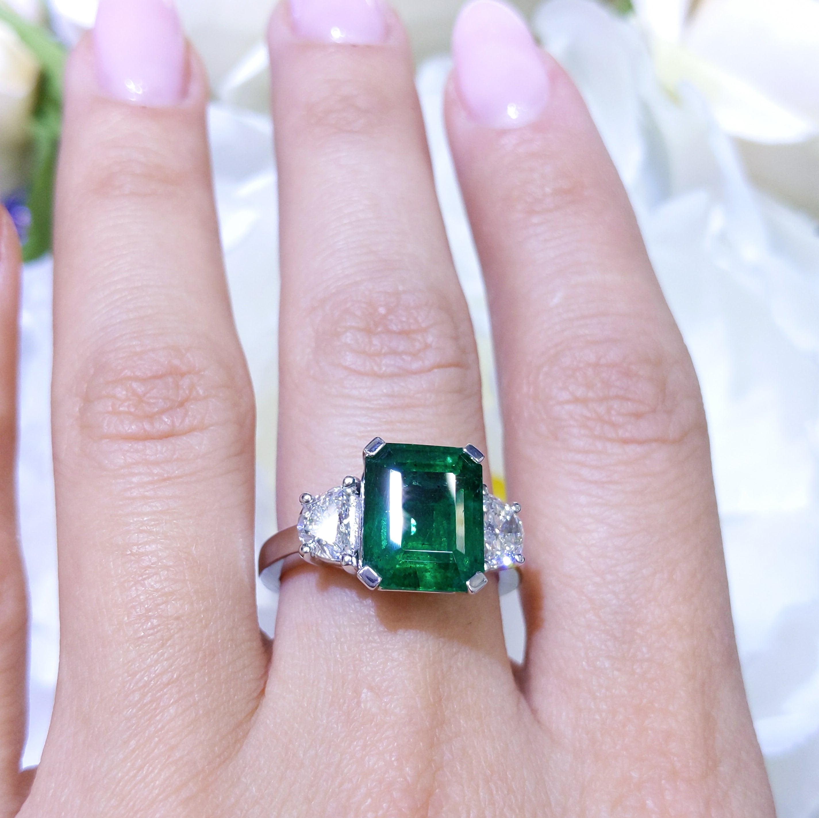 Emerald Cut Emerald Ring with Half Moon Diamond Side Stones – 4.99CT | EMDR019
