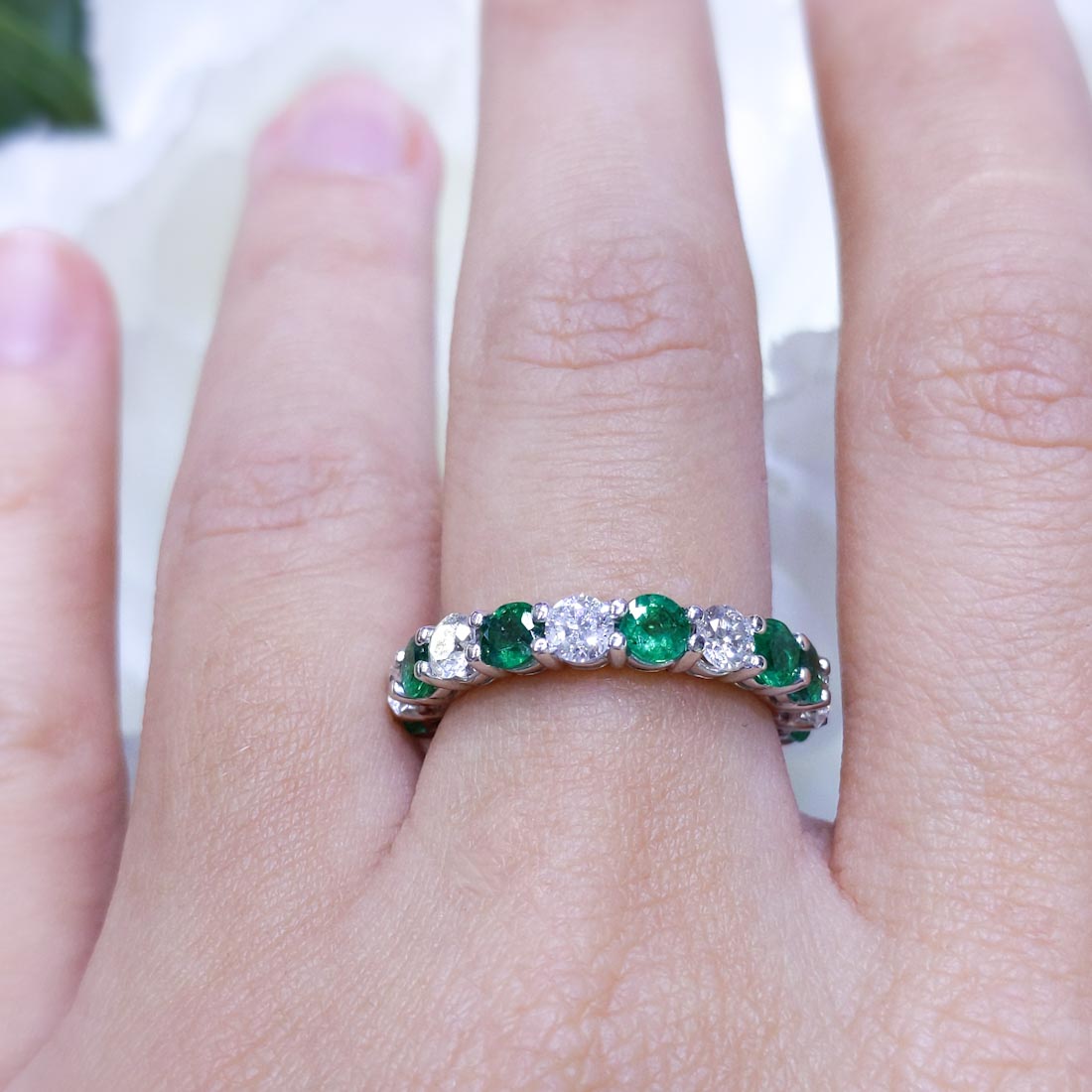14K White Gold Emerald & Diamond Eternity Band – 2.85CT Total Weight | EMR015