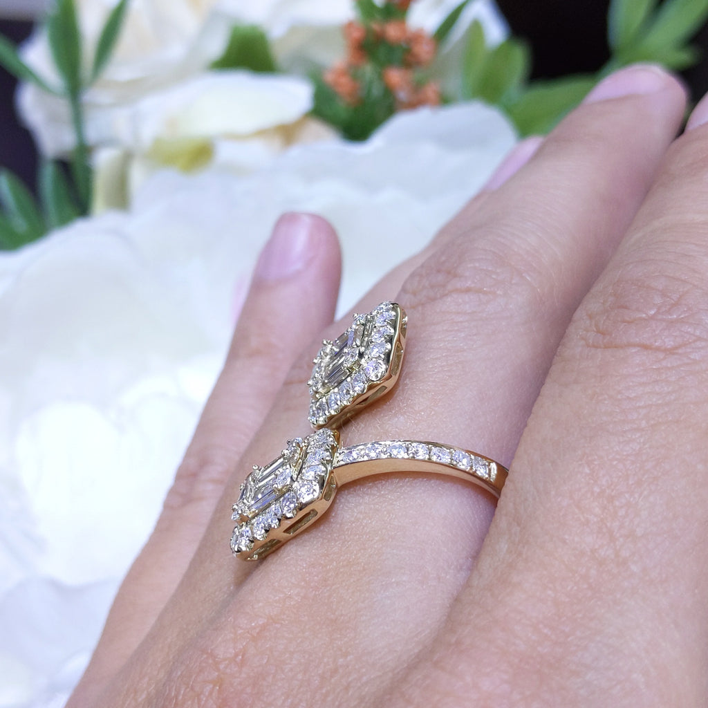 Yellow Gold Round and Baguette Diamond Bypass Ring