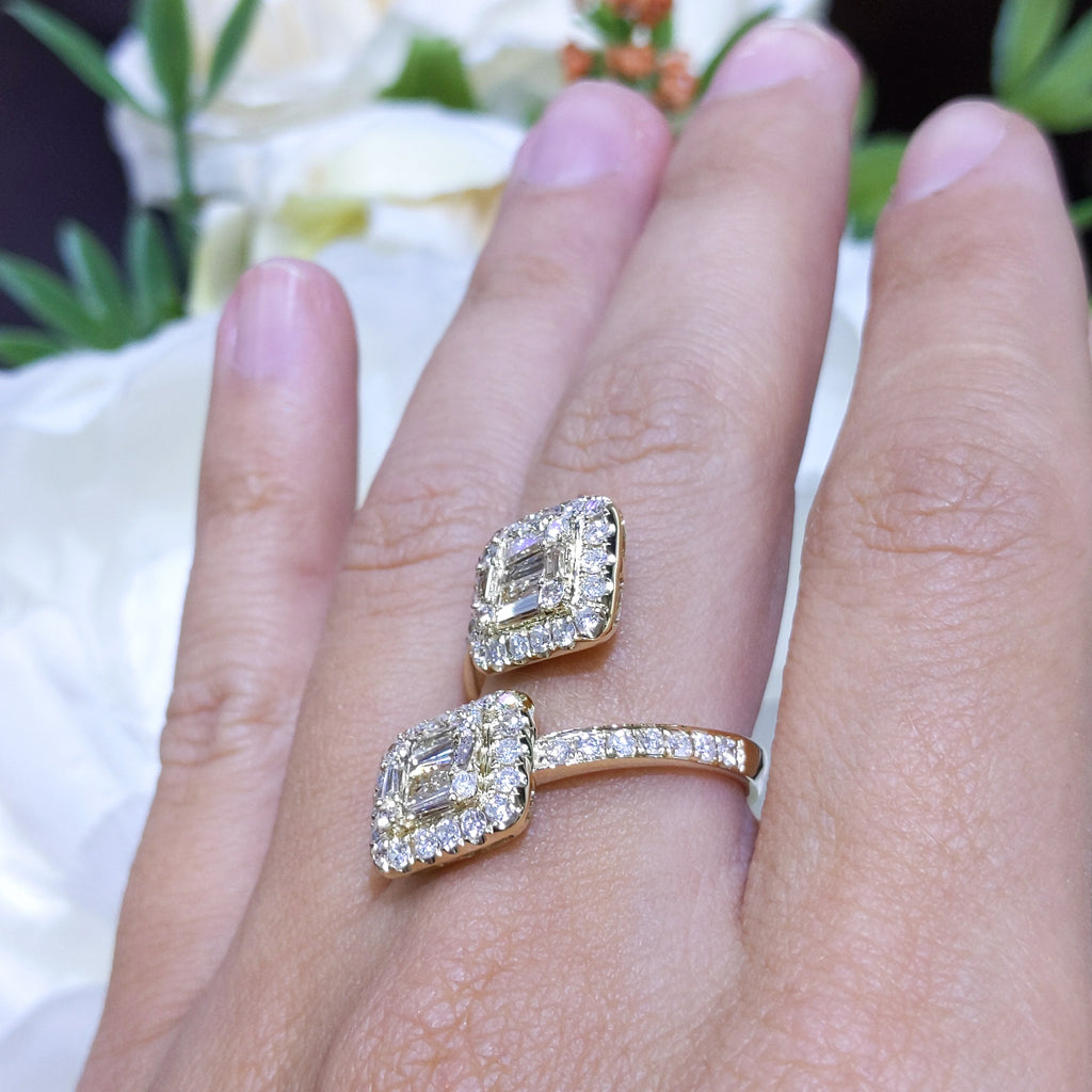 Yellow Gold Round and Baguette Diamond Bypass Ring