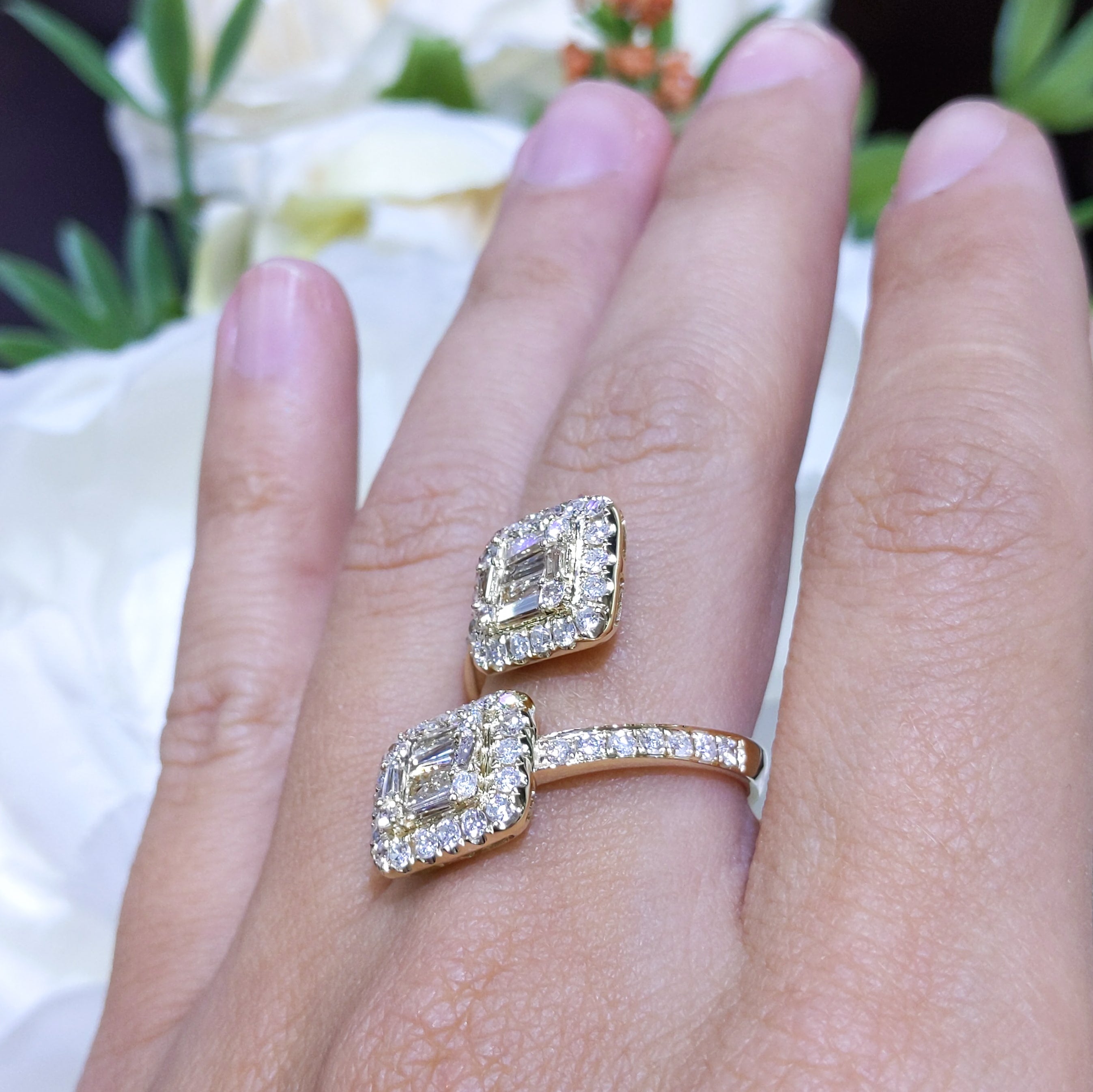 Yellow Gold Round and Baguette Diamond Bypass Ring
