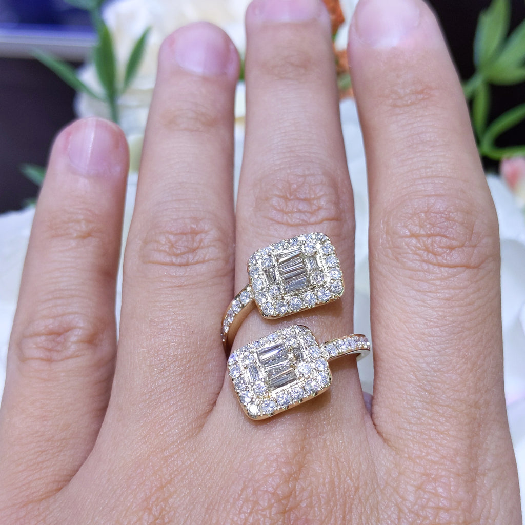Yellow Gold Round and Baguette Diamond Bypass Ring