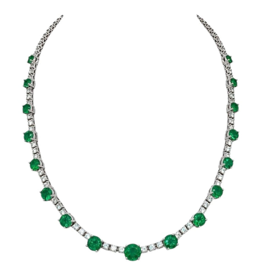 14K White Gold Round Emerald & Diamond Necklace – 14.32CT Emeralds & 10.00CT Diamonds CDN101 INJJJ