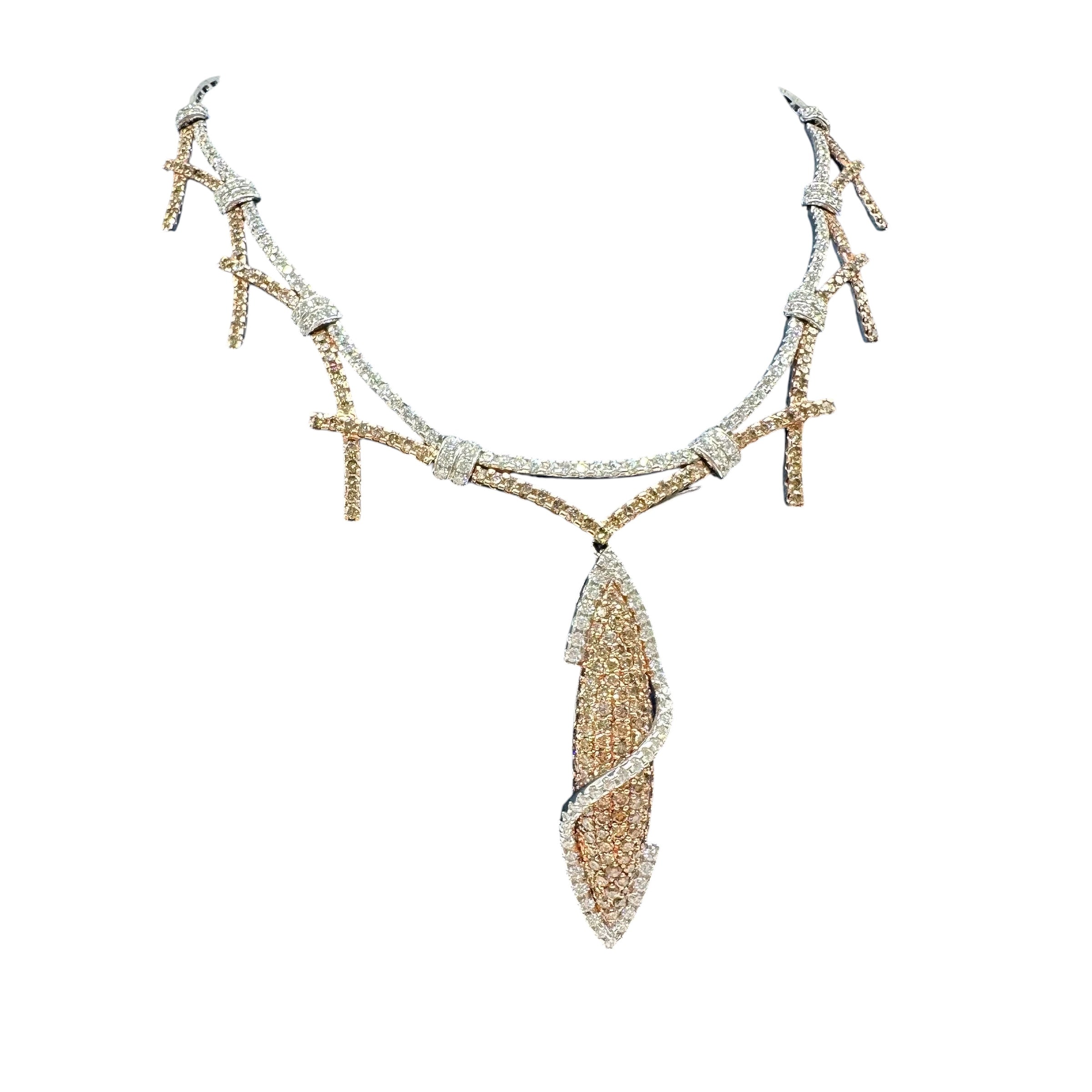 18K White & Rose Gold White & Champagne Diamond Necklace with Detachable Pendant – 8.00ct DN068 IIJJJ