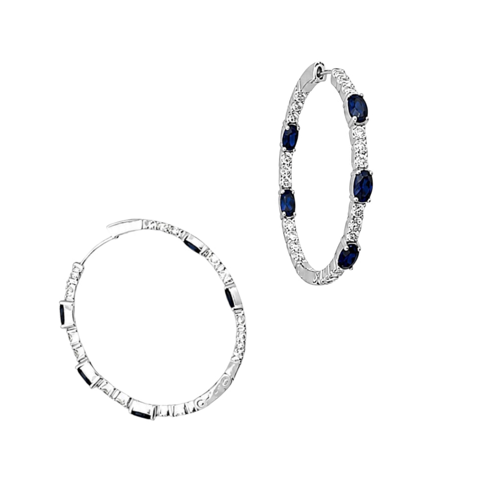 14K White Gold Diamond & Blue Sapphire Hoop Earrings 3.98CT Diamonds, 5.23CT Sapphires SDER023 NNJJ