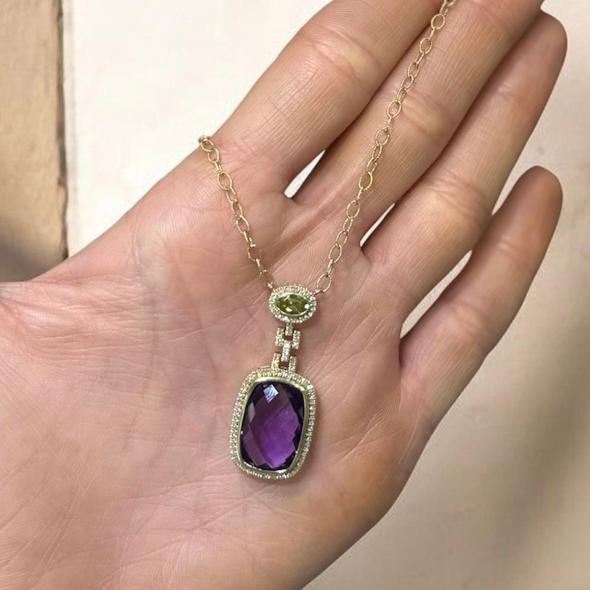14K Yellow Gold Pendant Necklace with 0.31ct Diamonds, 0.48ct Peridot & 11.24ct Amethyst INST