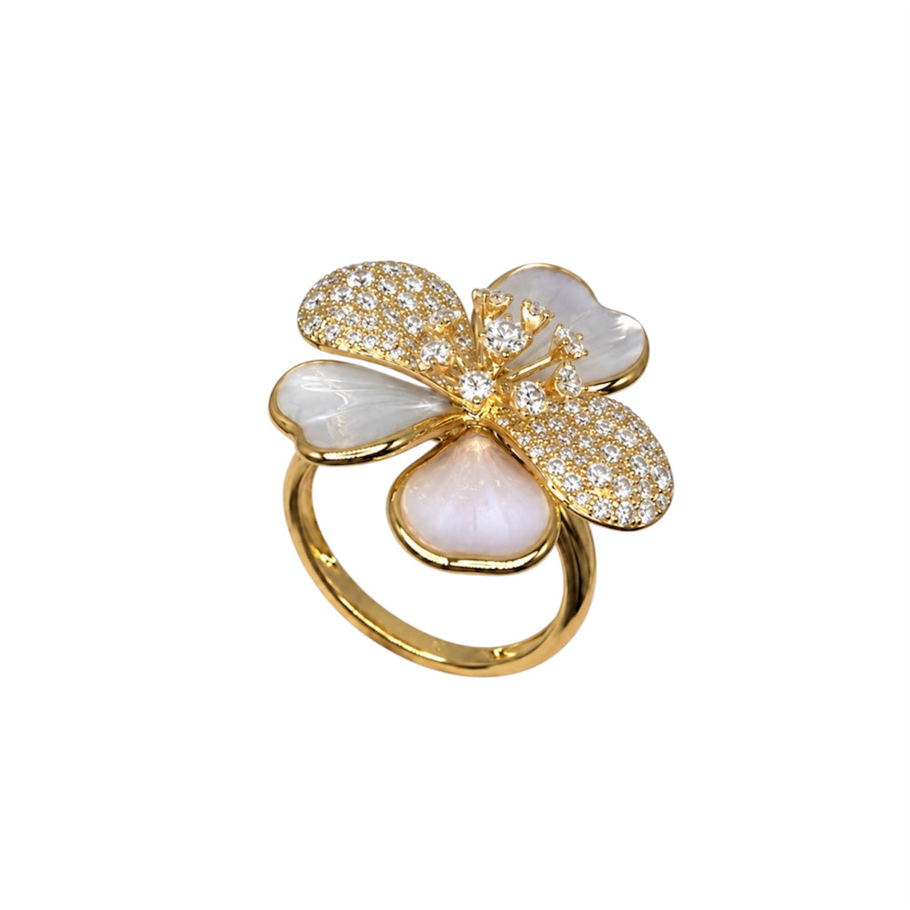 14K Yellow Gold 1.41 Ct Diamond & Mother-of-Pearl Floral Ring