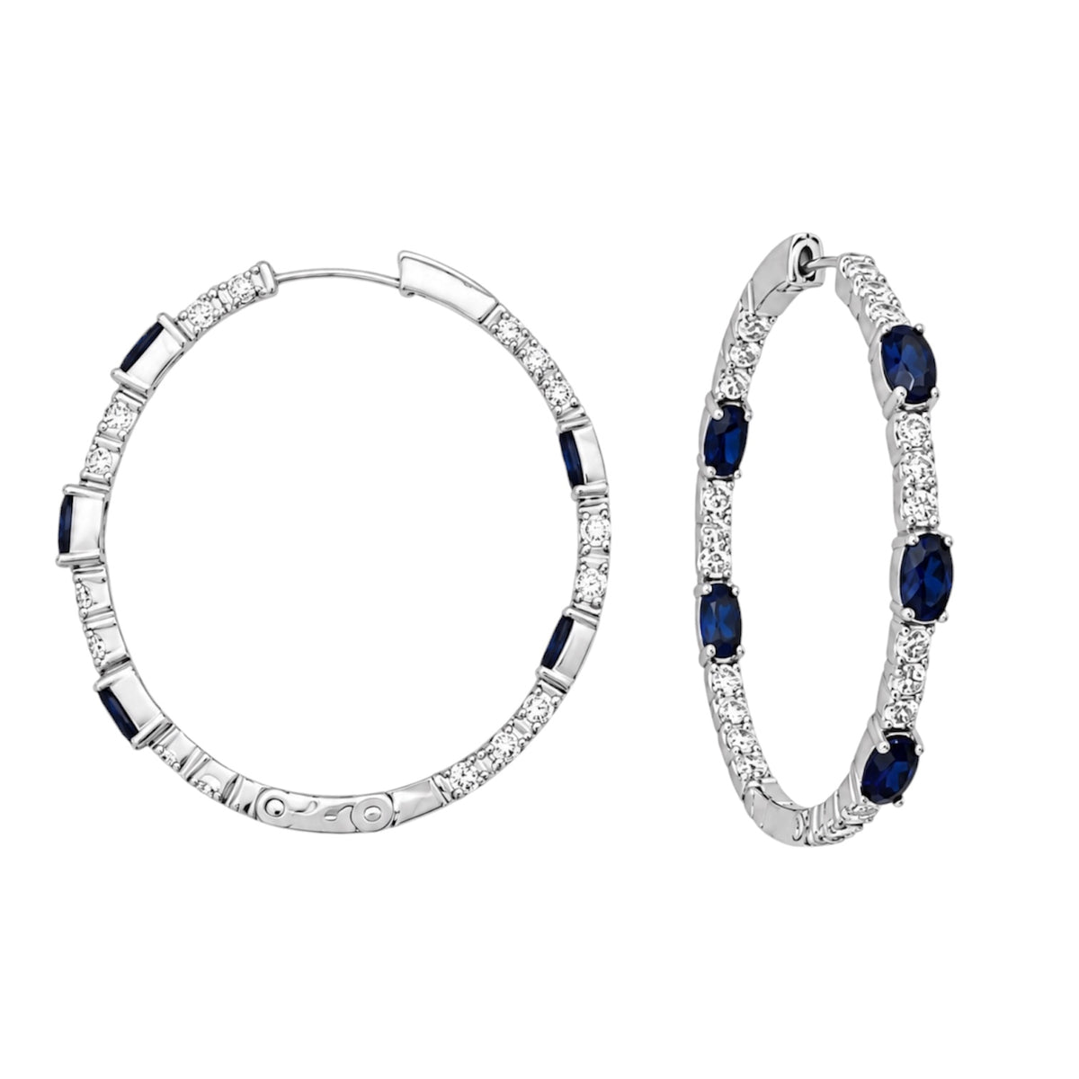 14K White Gold Diamond & Blue Sapphire Hoop Earrings 3.98CT Diamonds, 5.23CT Sapphires