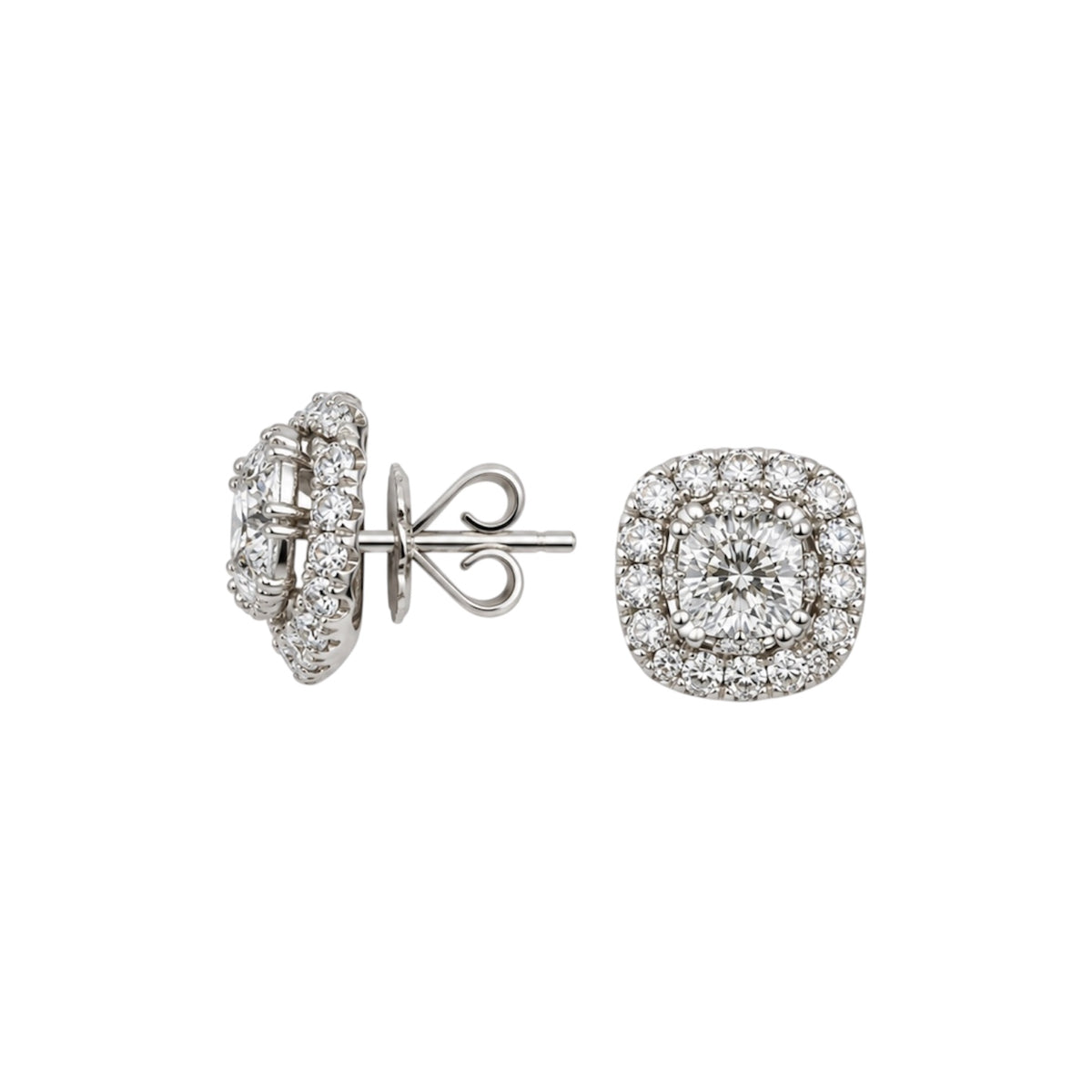 14K White Gold 3.21 Ct Cushion Cut & Round Diamond Stud Earrings