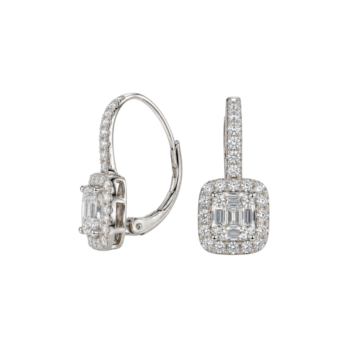 14K White Gold 0.62 Ct Round & Baguette Diamond Earrings