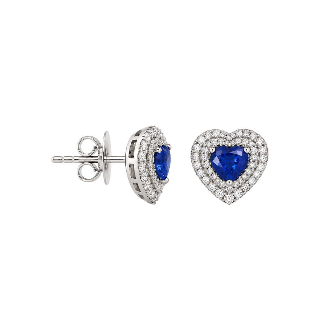 18K White Gold Sapphire & Diamond Heart Stud Earrings