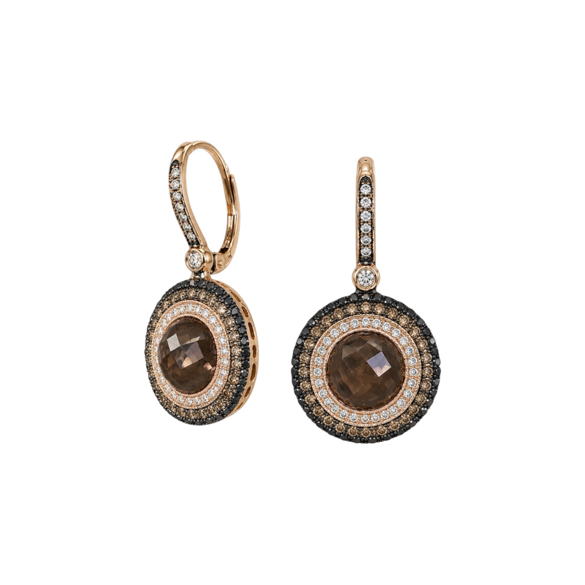 14K Rose Gold Smoky Topaz 1.48 Ct White, Black and Brown Diamond Earrings