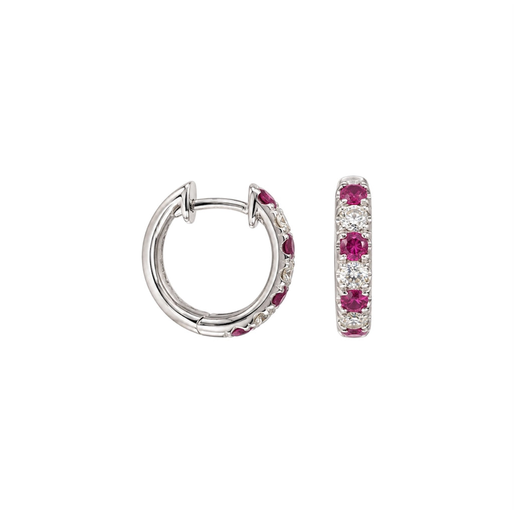 18K White Gold 0.44 Ct Ruby & 0.24 Ct Diamond Huggie Hoop Earrings