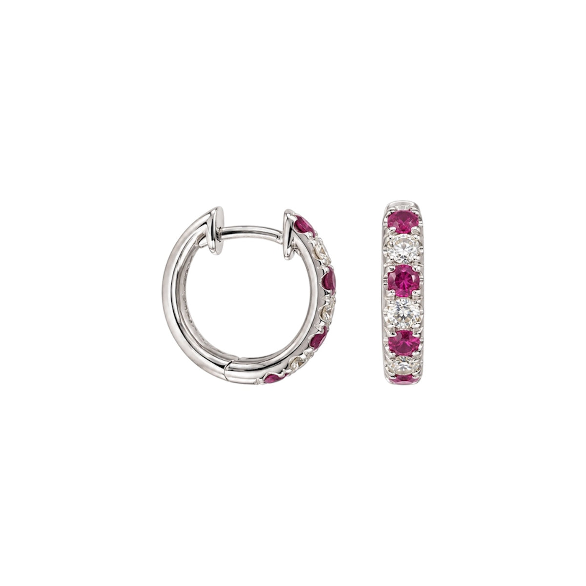 18K White Gold 0.44 Ct Ruby & 0.24 Ct Diamond Huggie Hoop Earrings
