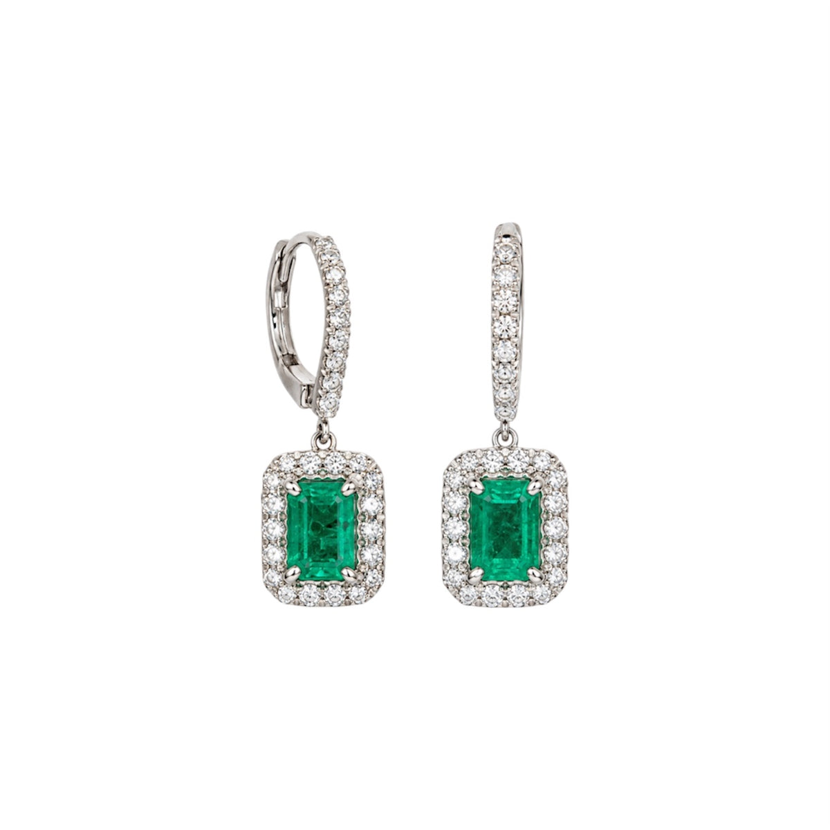 14K White Gold 1.00 Ct Emerald & 0.55 Ct Diamond Earrings