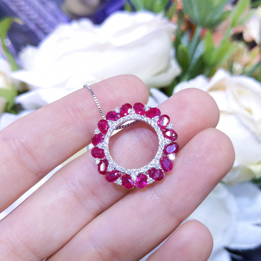 Oval Cut Rubies and Round Diamonds Circle Of Love Pendant 18K White Gold RDP01