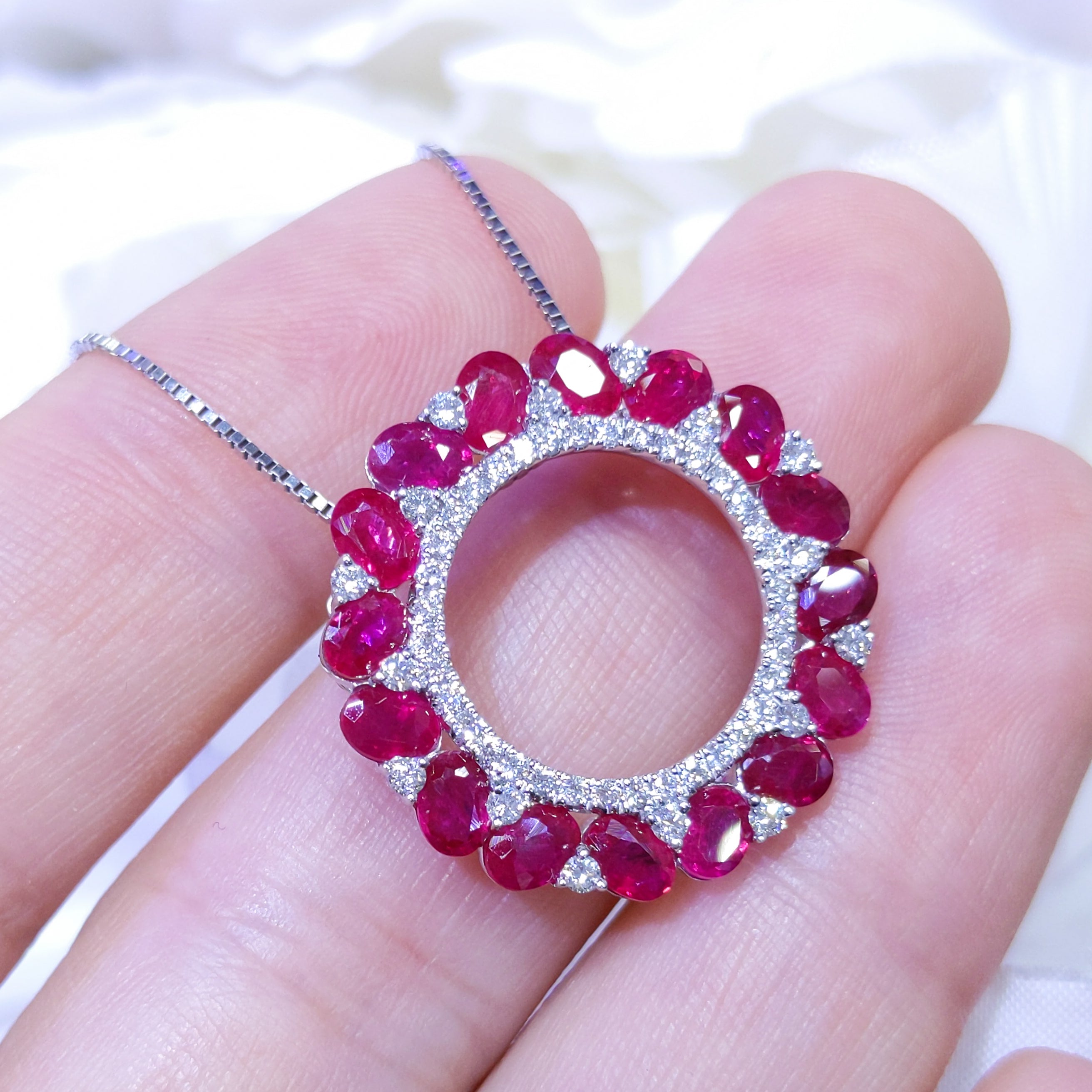 Oval Cut Rubies and Round Diamonds Circle Of Love Pendant 18K White Gold RDP01