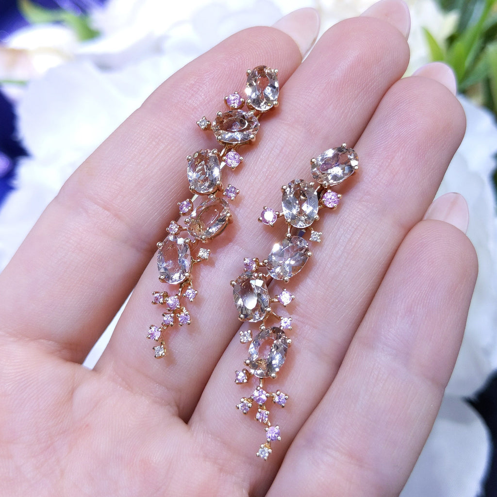 Oval Morganites Round Pink Sapphires and White Round Diamonds Dangling 18K Rose Gold Earrings (etsy image id: 2738773972)