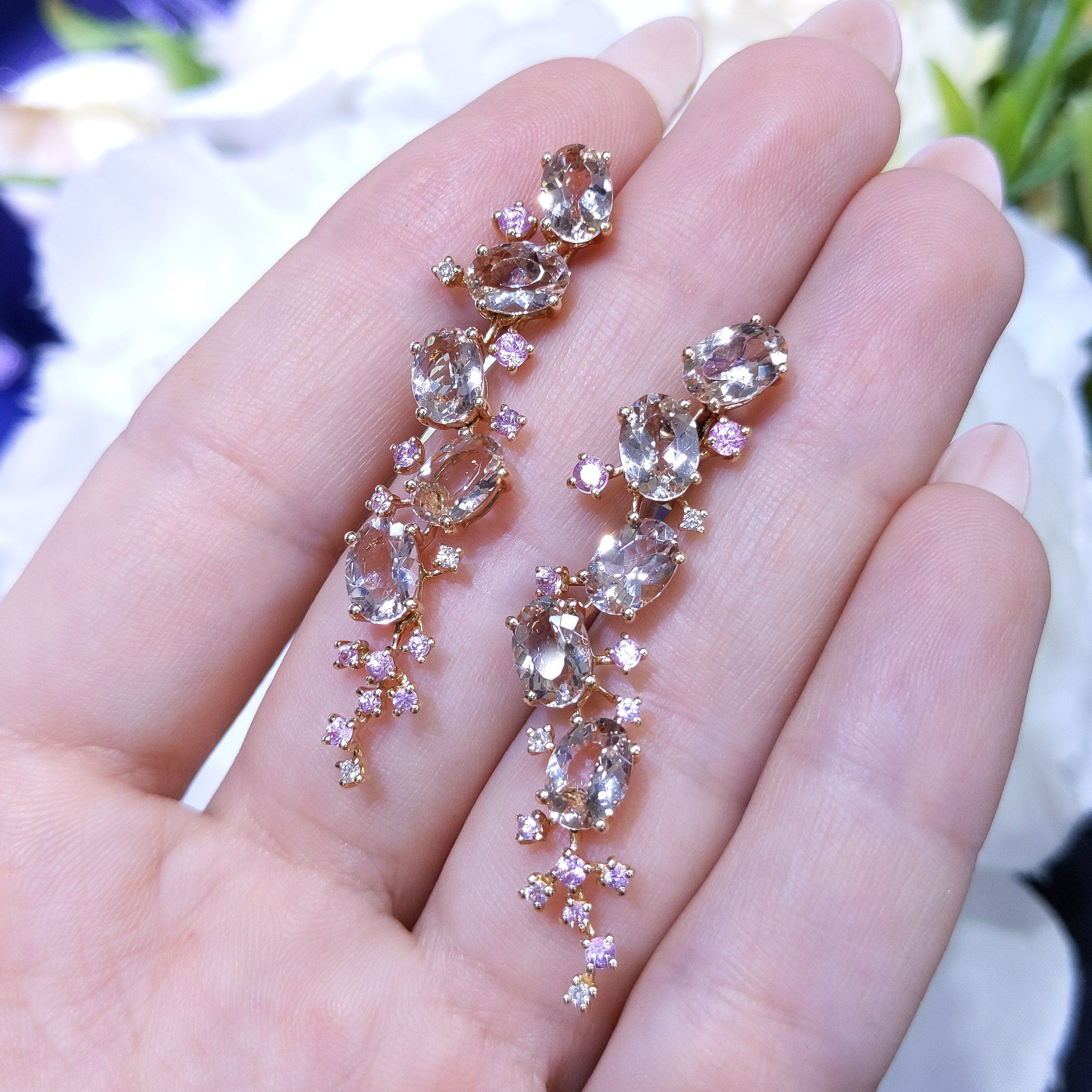 Oval Morganites Round Pink Sapphires and White Round Diamonds Dangling 18K Rose Gold Earrings (etsy image id: 2738773972)