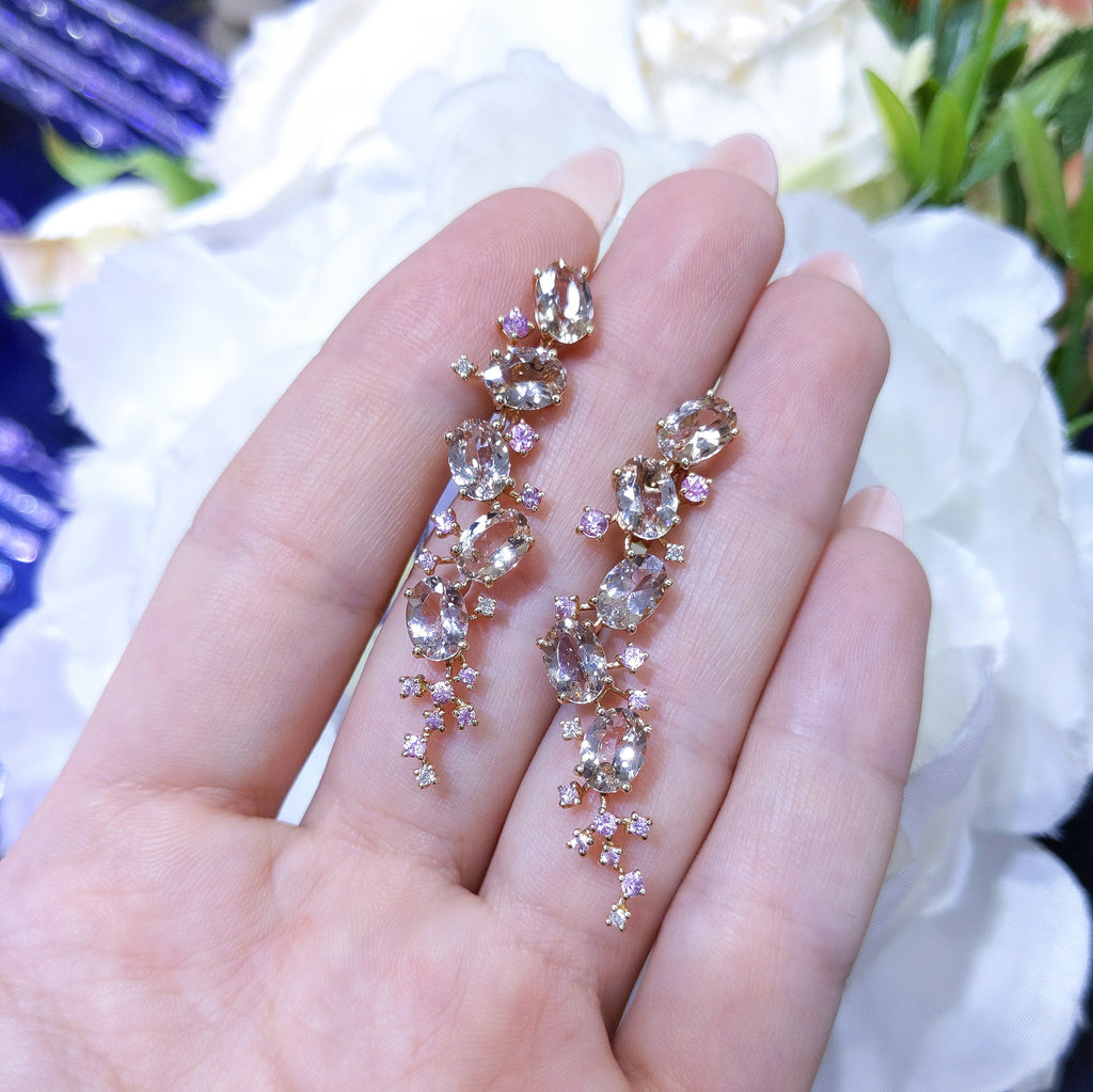 Oval Morganites Round Pink Sapphires and White Round Diamonds Dangling 18K Rose Gold Earrings (etsy image id: 2738774058)