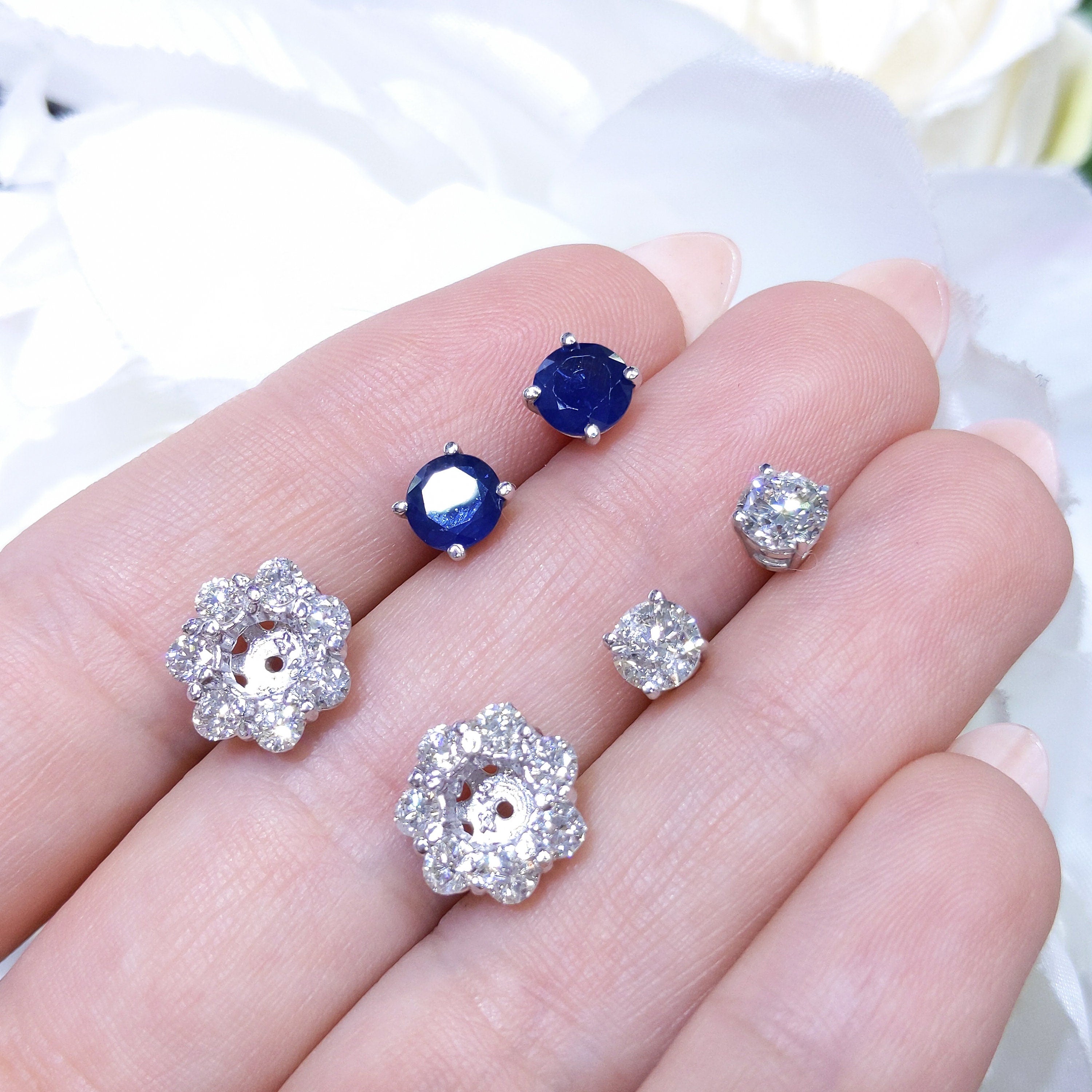 1.15ct Diamond Jackets With 1.20ct Natural Blue Sapphires And 1.03ct Diamond Studs Earrings (etsy image id: 2747220916)