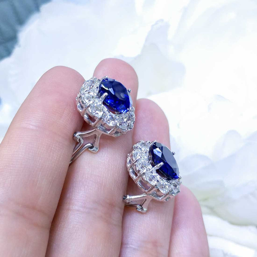 Lab Grown Oval Cut Sapphire Clip-On Stud Earrings in Halo Setting Surrounded with Natural Diamonds (etsy image id: 2761802692)