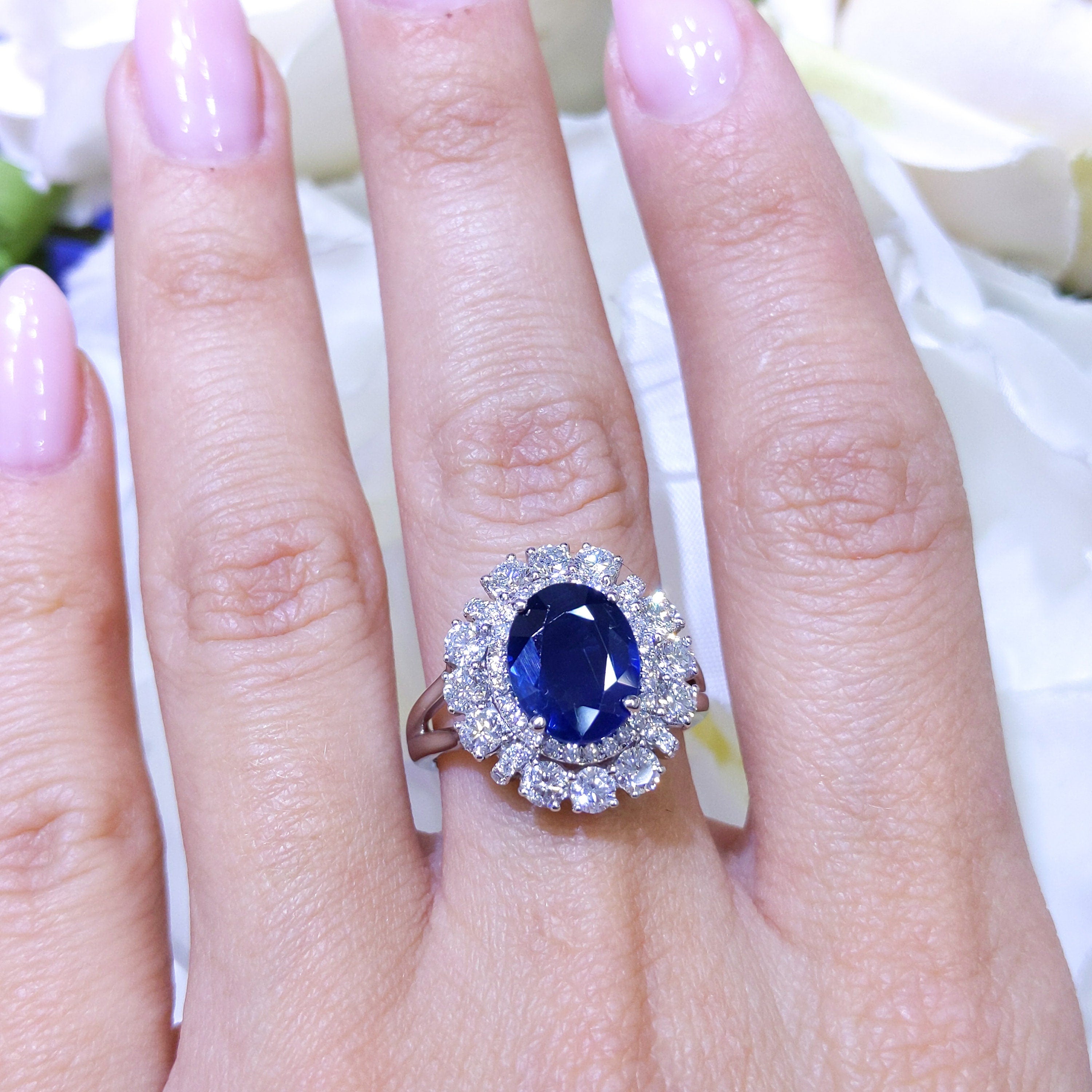 Oval Cut Royal Blue Natural 2.92ct Sapphire and 1.26cts Diamonds 18K White Gold Halo Ring (etsy image id: 2761811834)