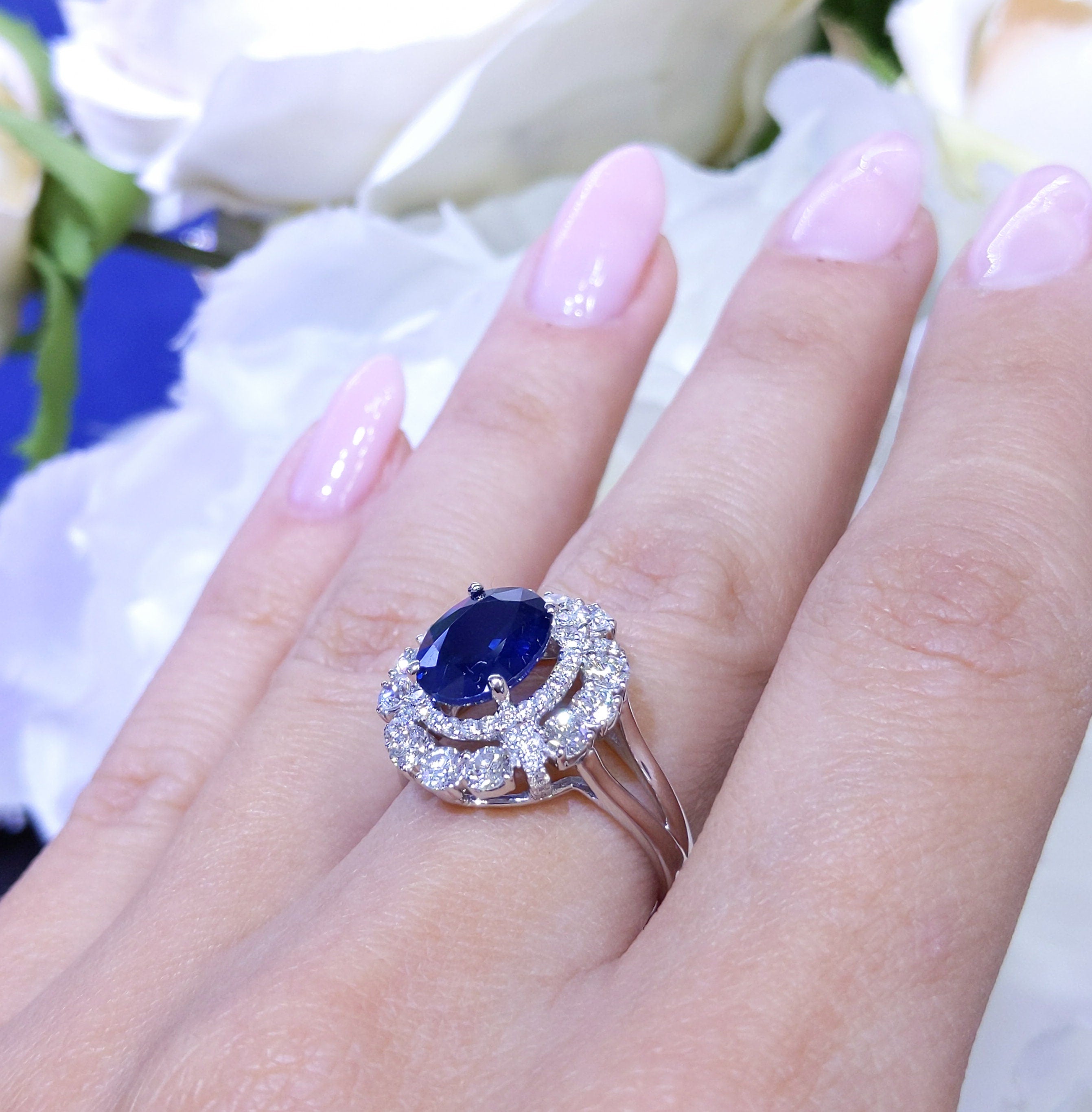 Oval Cut Royal Blue Natural 2.92ct Sapphire and 1.26cts Diamonds 18K White Gold Halo Ring (etsy image id: 2761812090)