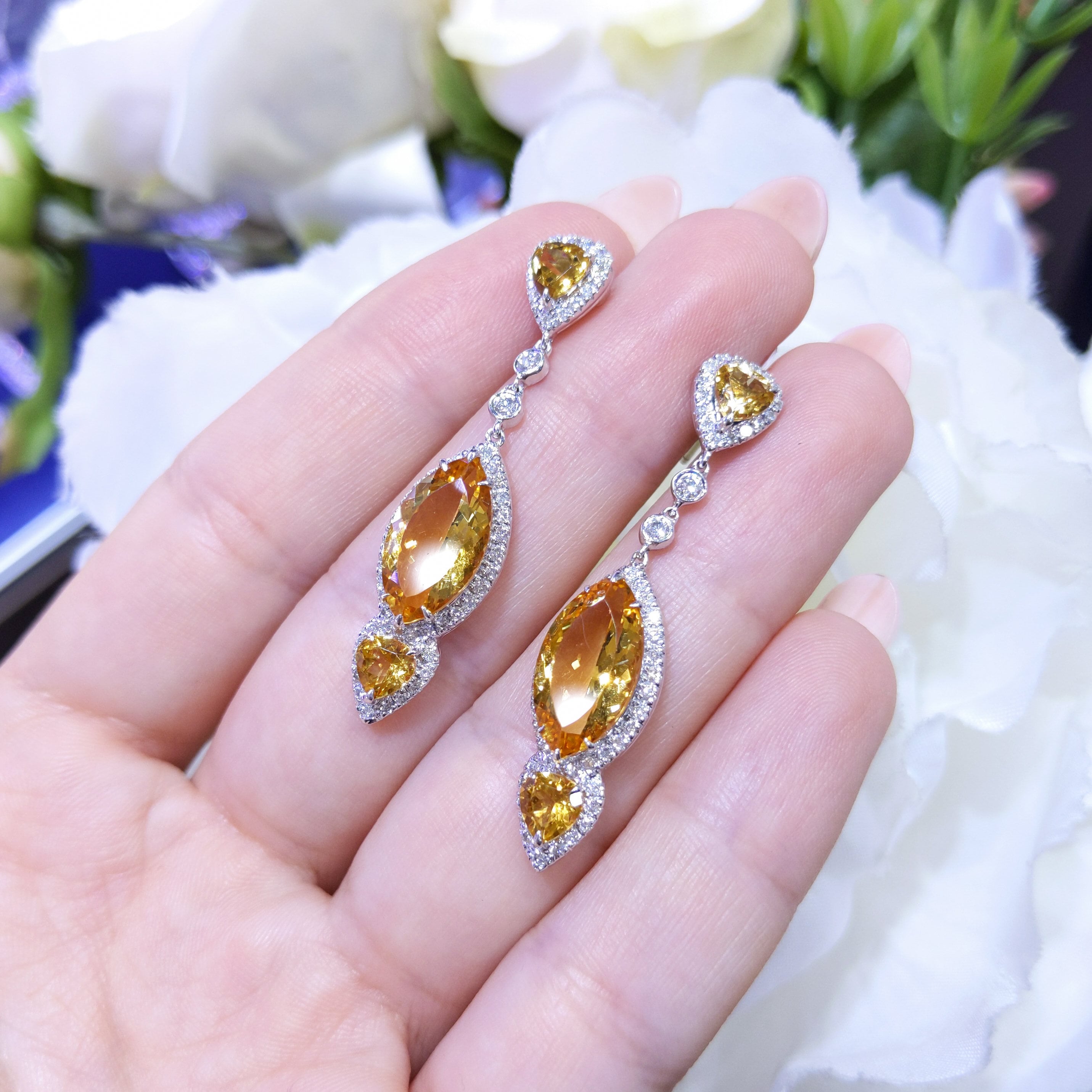 Marquise and Pear Shape Citrines With Diamond Halos Dangling Earrings in 18K White Gold (etsy image id: 2786461471)