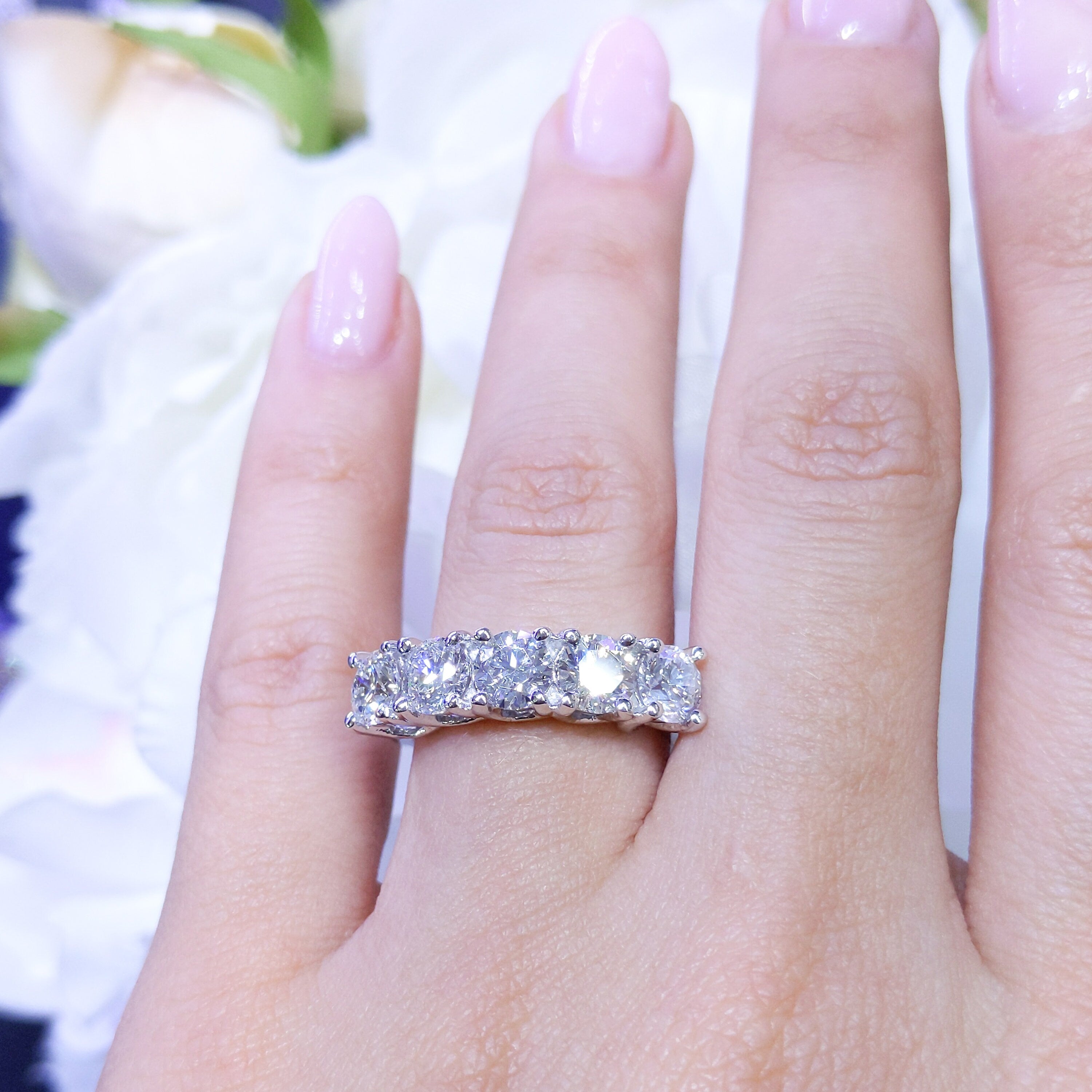 Beautiful and Elegant Five Diamond Band Ring Set in 14k White Gold Prong Setting (etsy image id: 2786638849)
