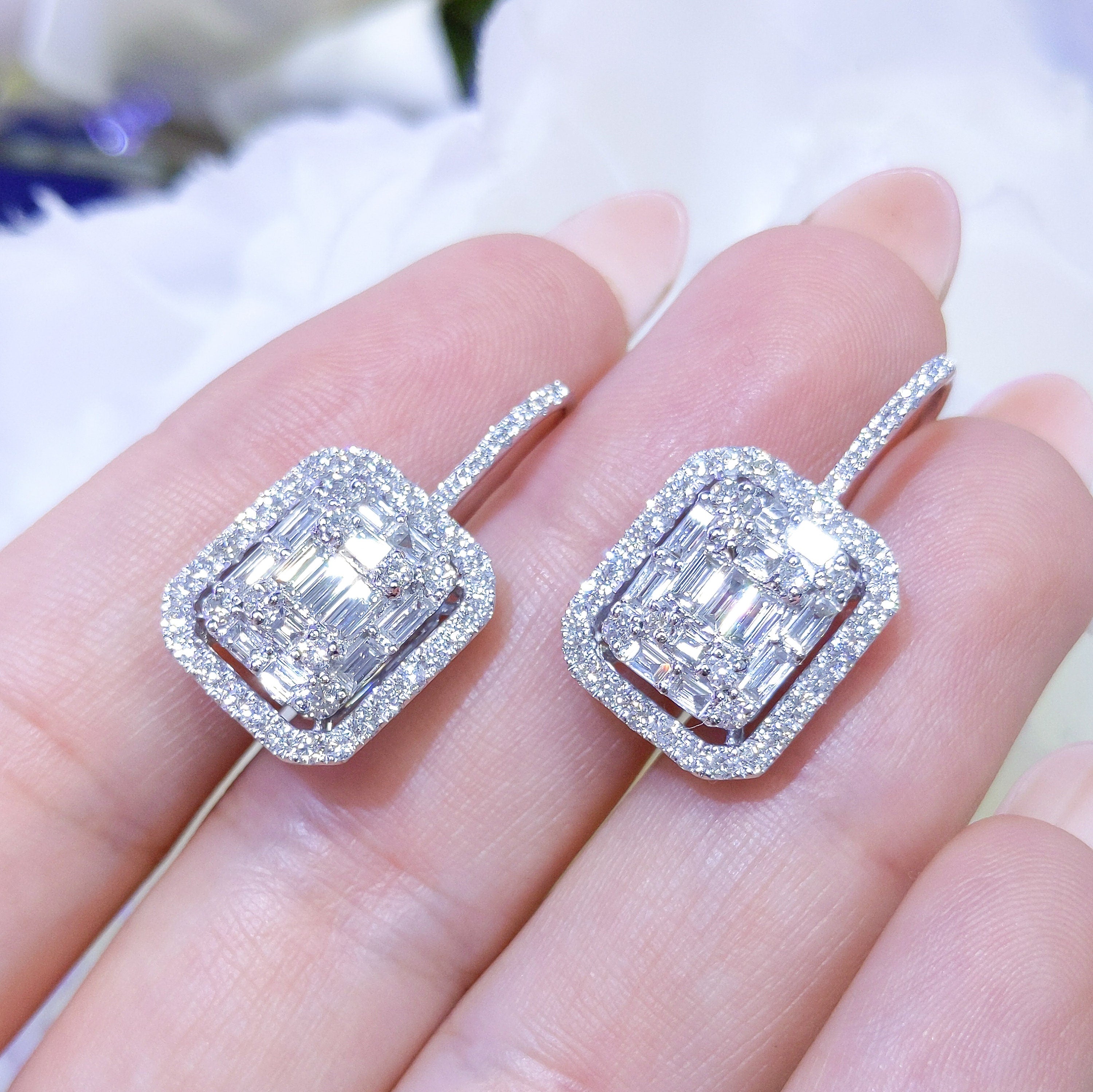 Baguettes And Rounds 2.19cts Cluster In A Halo Diamond Dangling Earrings (etsy image id: 2809192649)