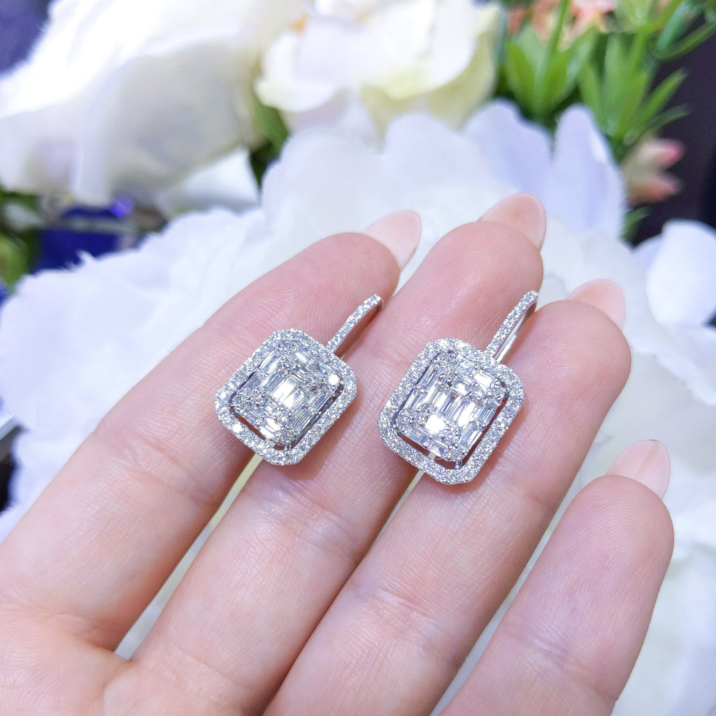 Baguettes And Rounds 2.19cts Cluster In A Halo Diamond Dangling Earrings (etsy image id: 2809192913)
