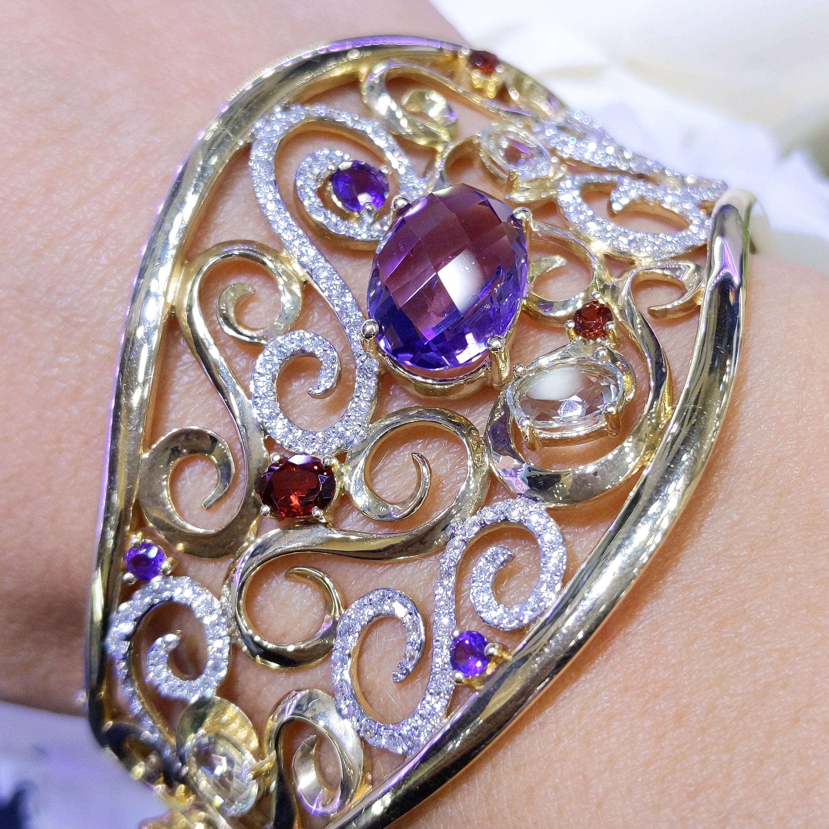 Semi-Precious Color Stone And Diamond 14K Solid Yellow Gold Fashion Wide Cuff Bangle (etsy image id: 2809474209)