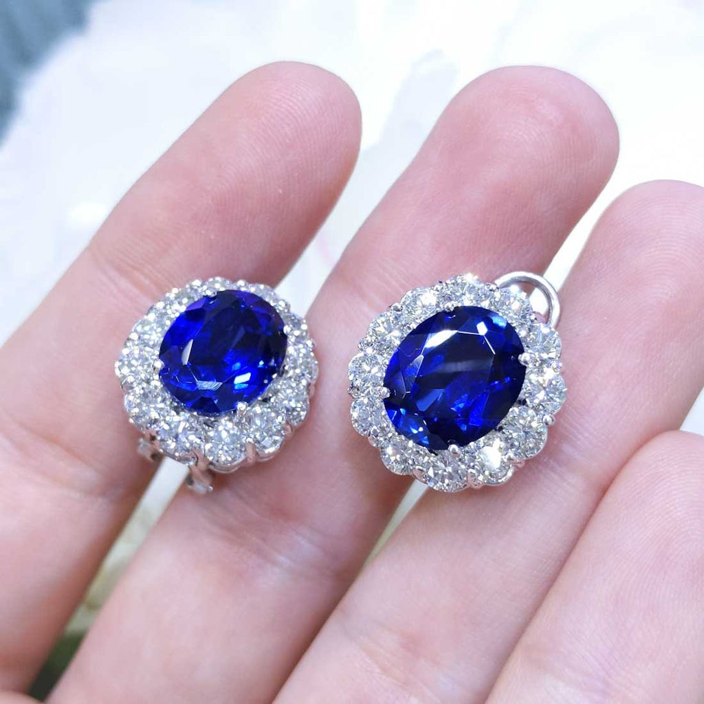 Lab Grown Oval Cut Sapphire Clip-On Stud Earrings in Halo Setting Surrounded with Natural Diamonds (etsy image id: 2809489707)