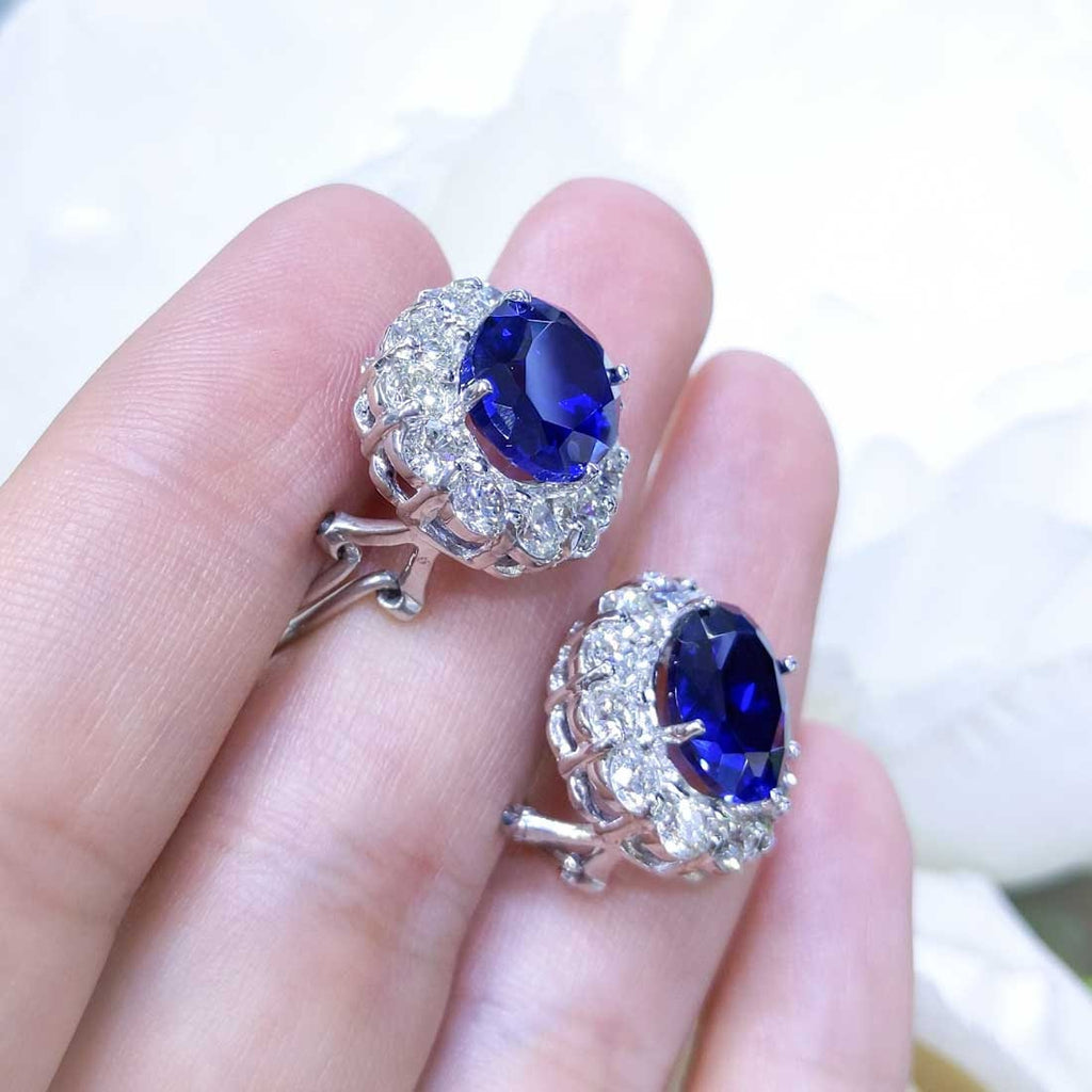 Lab Grown Oval Cut Sapphire Clip-On Stud Earrings in Halo Setting Surrounded with Natural Diamonds (etsy image id: 2809489761)
