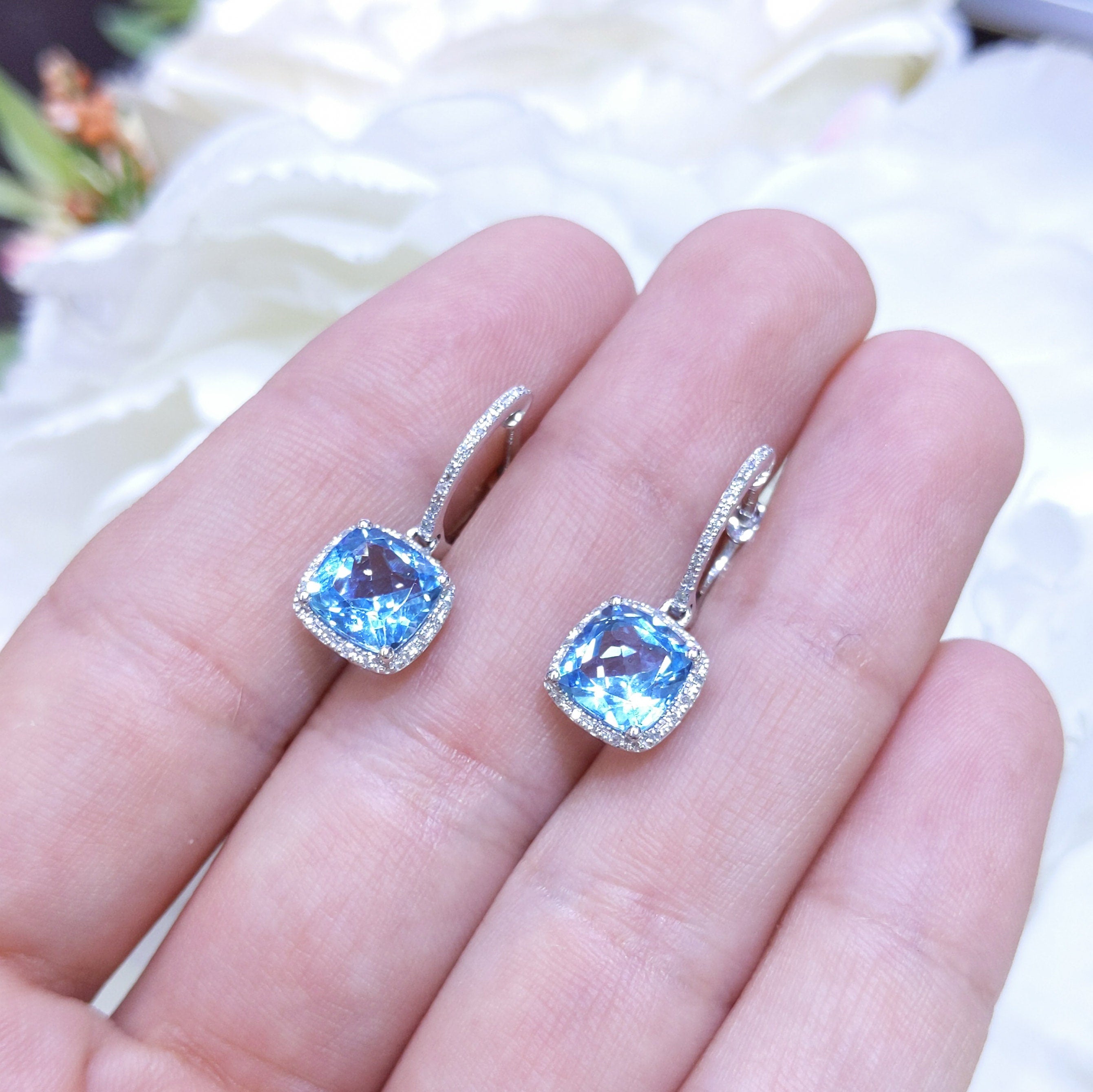 4.01CT Blue Topaz and Diamond Halo Dangling Earrings in 14K White Gold (etsy image id: 3135237812)