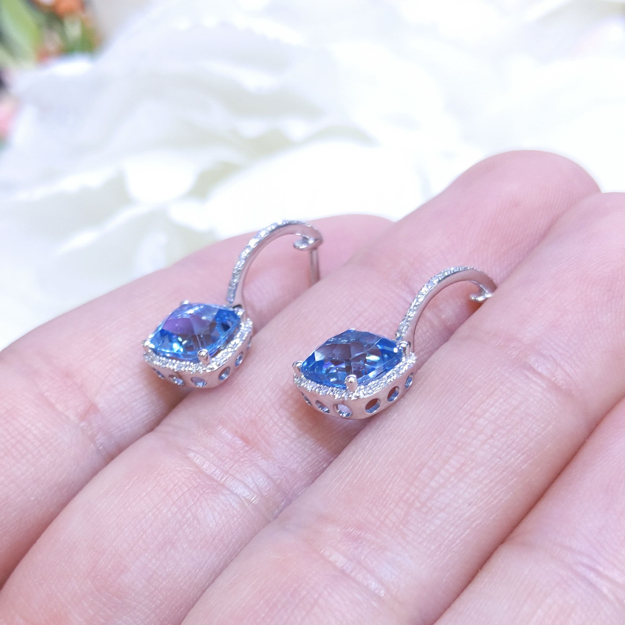 4.01CT Blue Topaz and Diamond Halo Dangling Earrings in 14K White Gold (etsy image id: 3135237886)