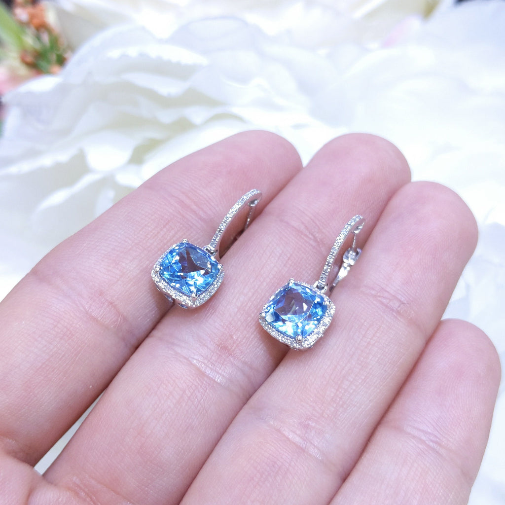 4.01CT Blue Topaz and Diamond Halo Dangling Earrings in 14K White Gold (etsy image id: 3135238130)