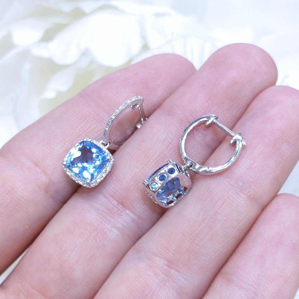 4.01CT Blue Topaz and Diamond Halo Dangling Earrings in 14K White Gold (etsy image id: 3135238238)