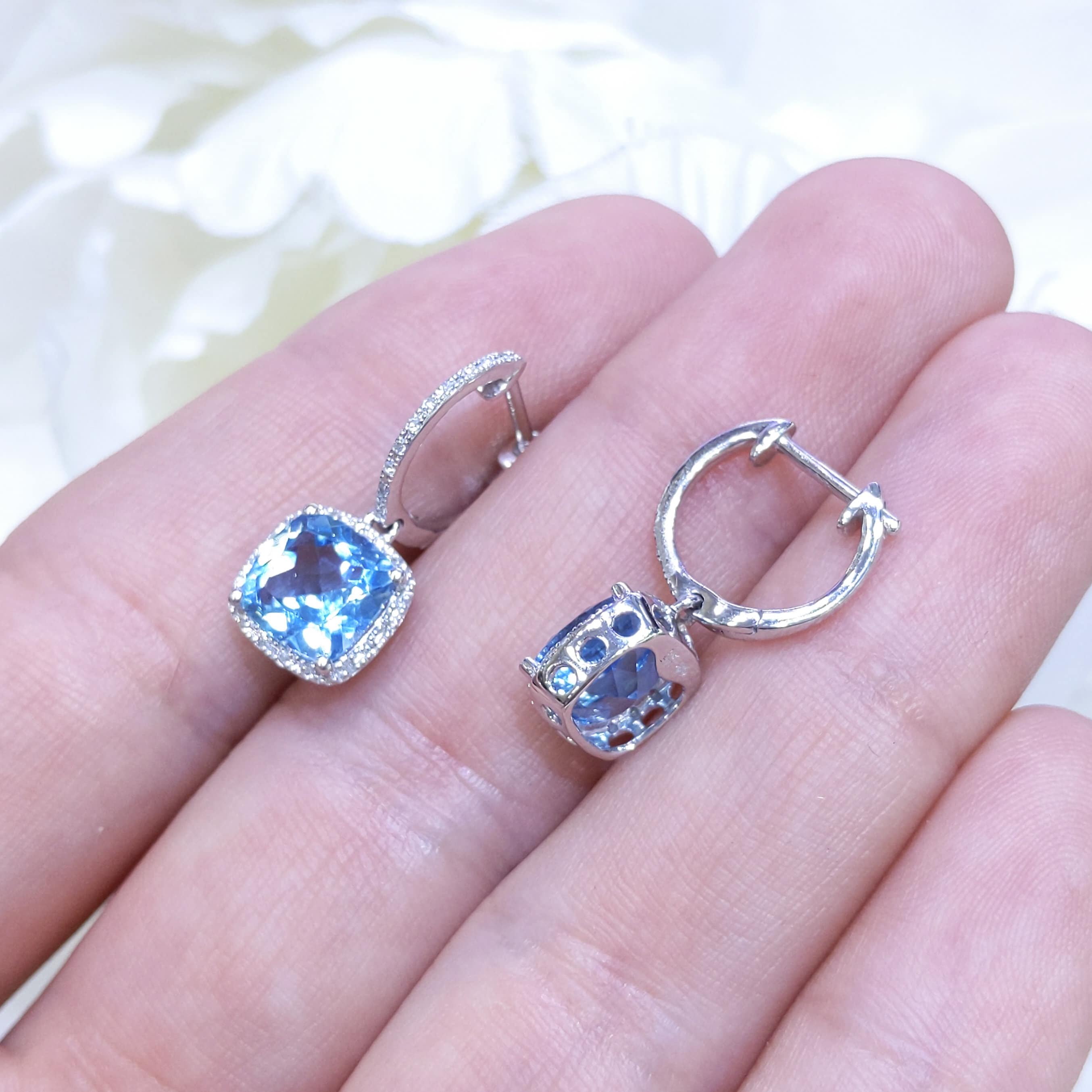 4.01CT Blue Topaz and Diamond Halo Dangling Earrings in 14K White Gold (etsy image id: 3135238238)