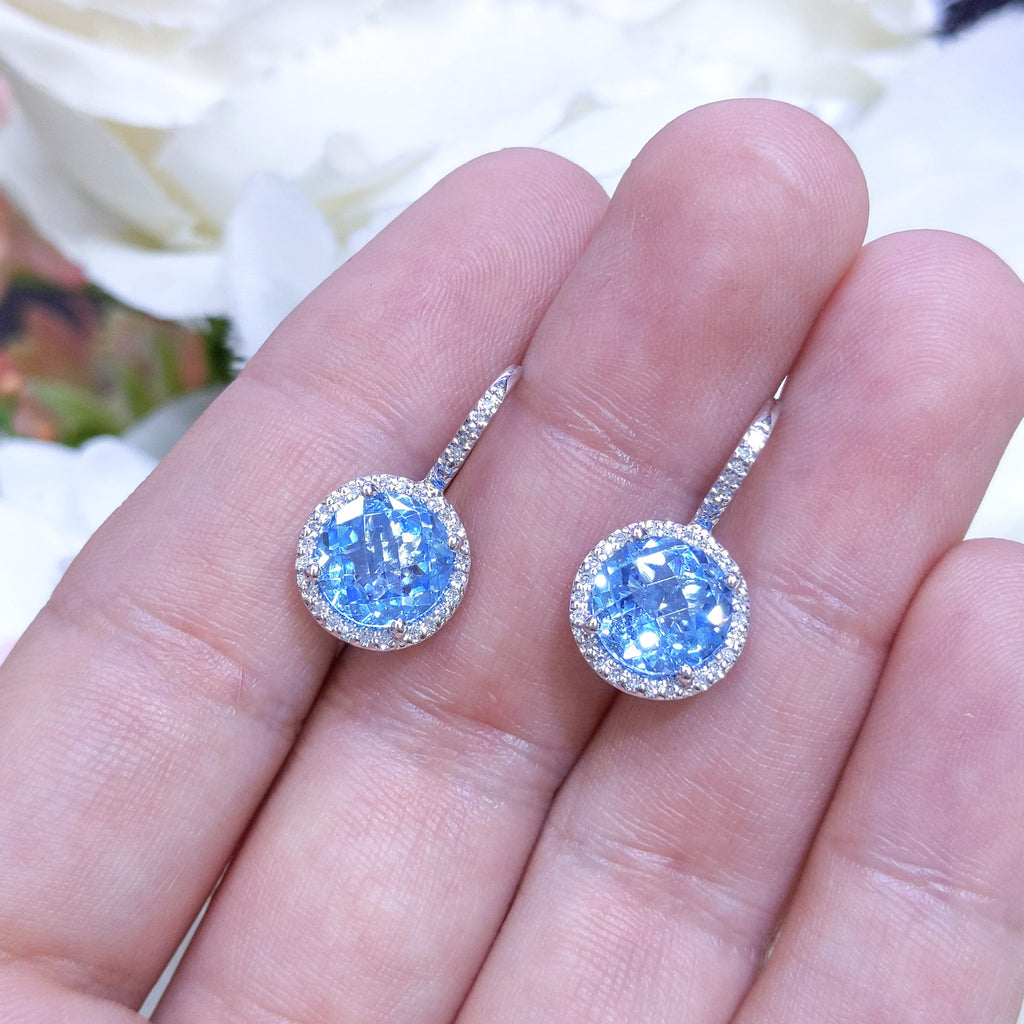 5.48CT Blue Topaz and Diamond Halo Dangling Earrings in 14K White Gold __etsy:3135445046