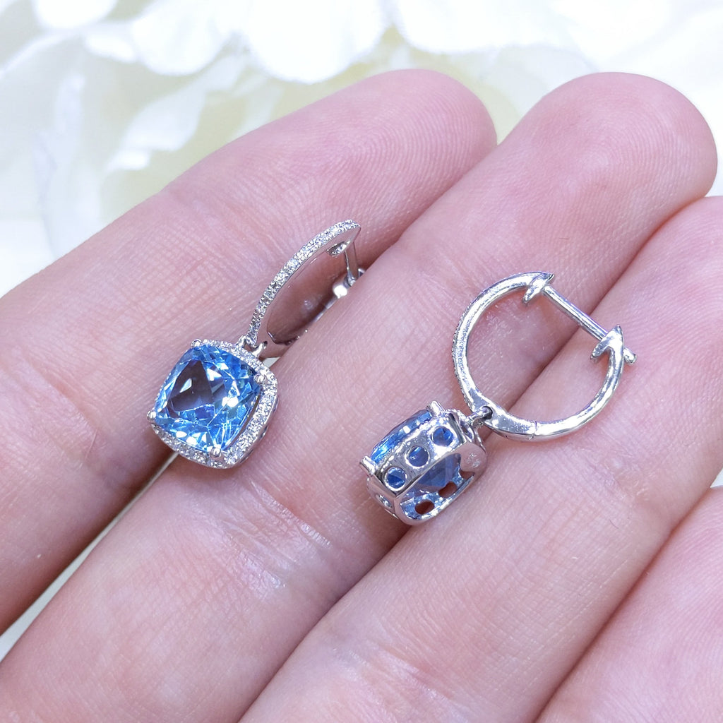 4.01CT Blue Topaz and Diamond Halo Dangling Earrings in 14K White Gold (etsy image id: 3182961905)