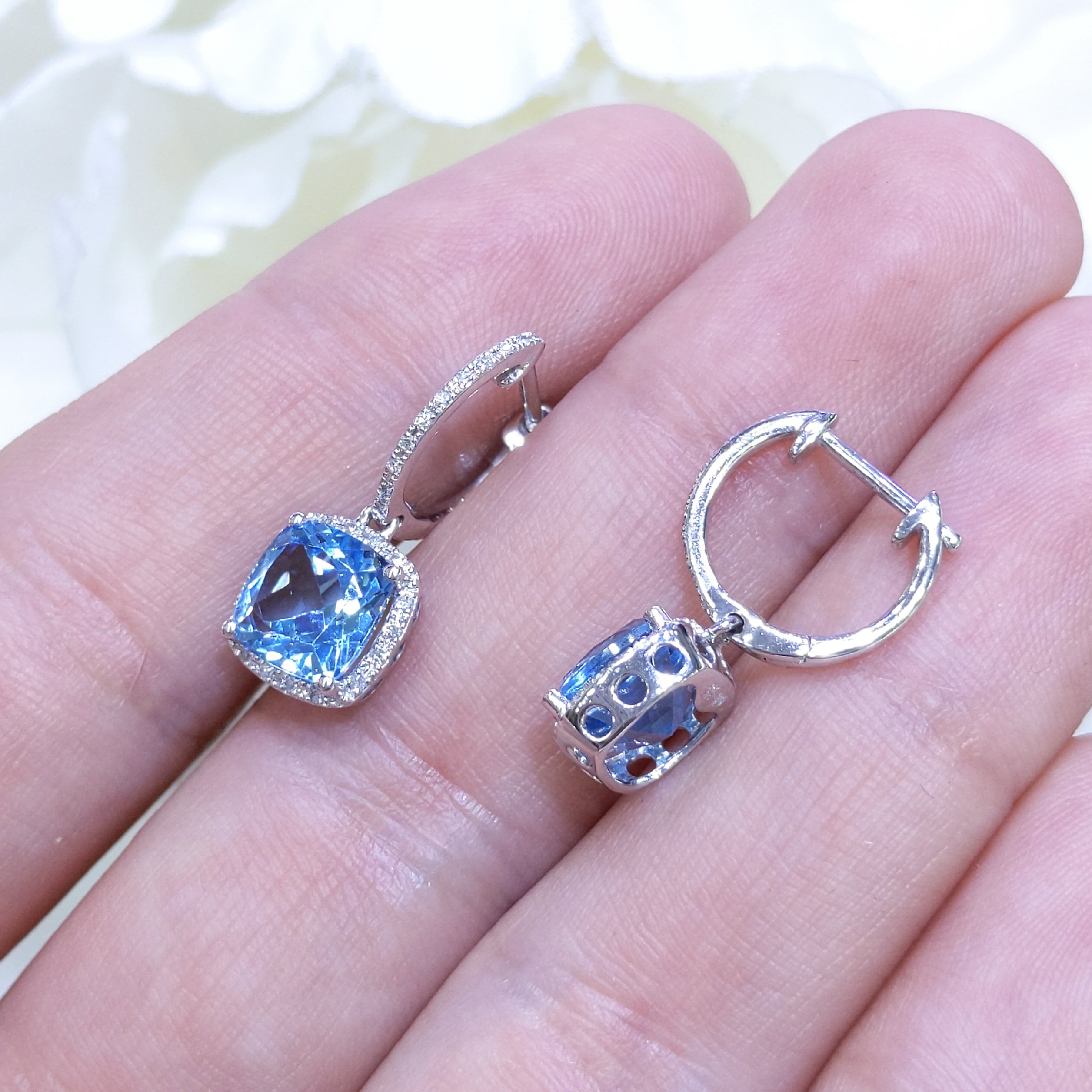 4.01CT Blue Topaz and Diamond Halo Dangling Earrings in 14K White Gold (etsy image id: 3182961905)