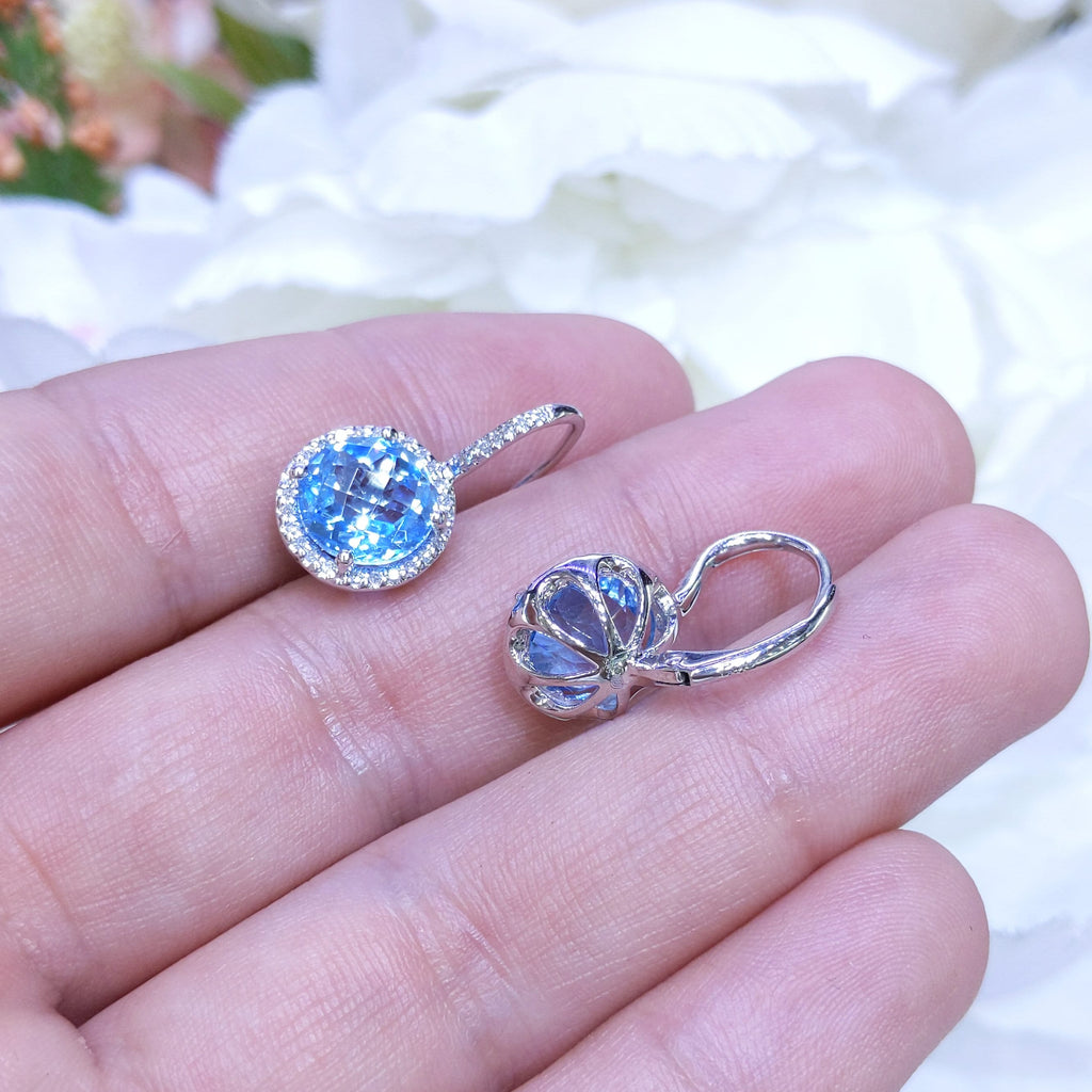 5.48CT Blue Topaz and Diamond Halo Dangling Earrings in 14K White Gold __etsy:3183169335