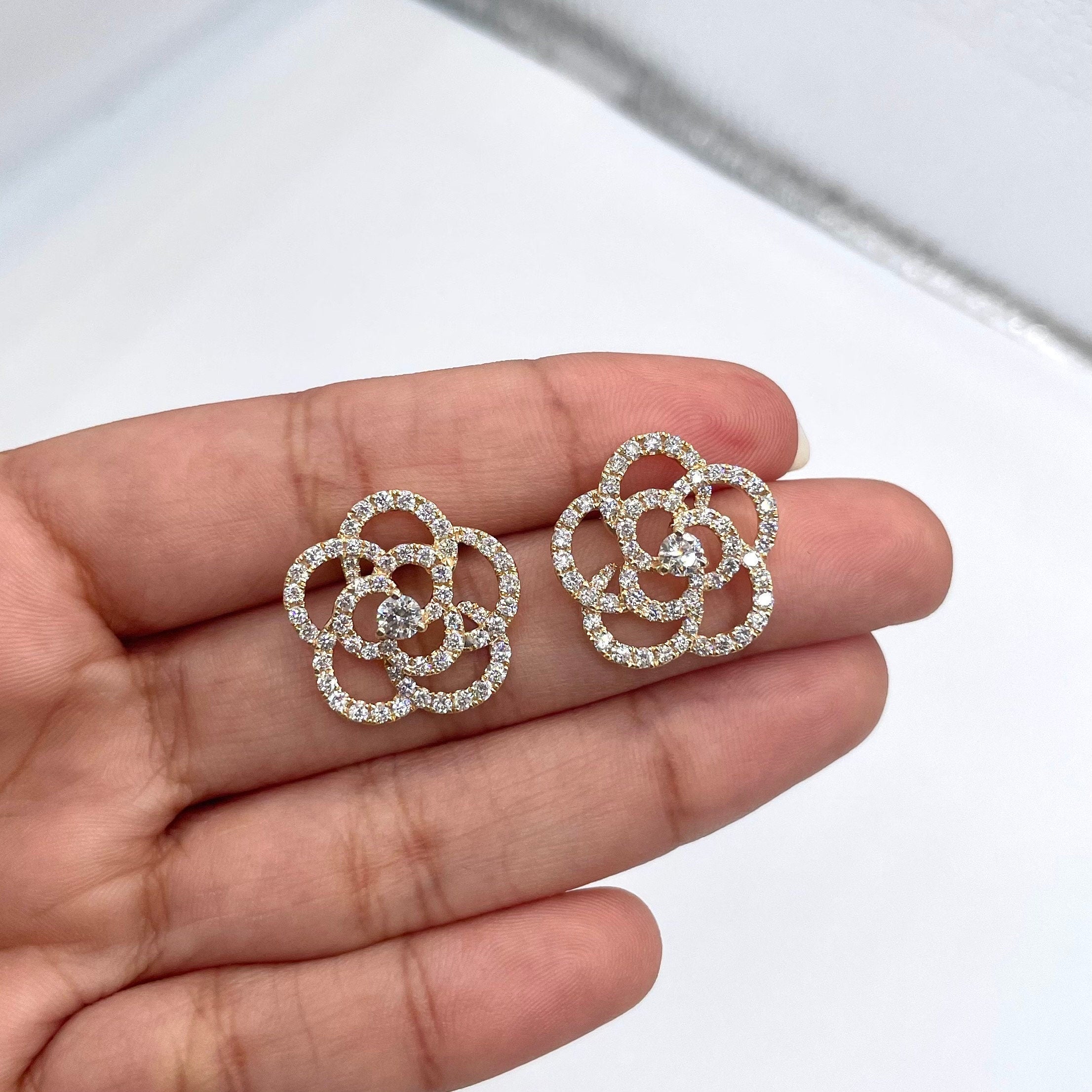 Gorgeous Floral 1.84ct Round Diamond Earring 14k Yellow Gold (etsy image id: 3405369797)