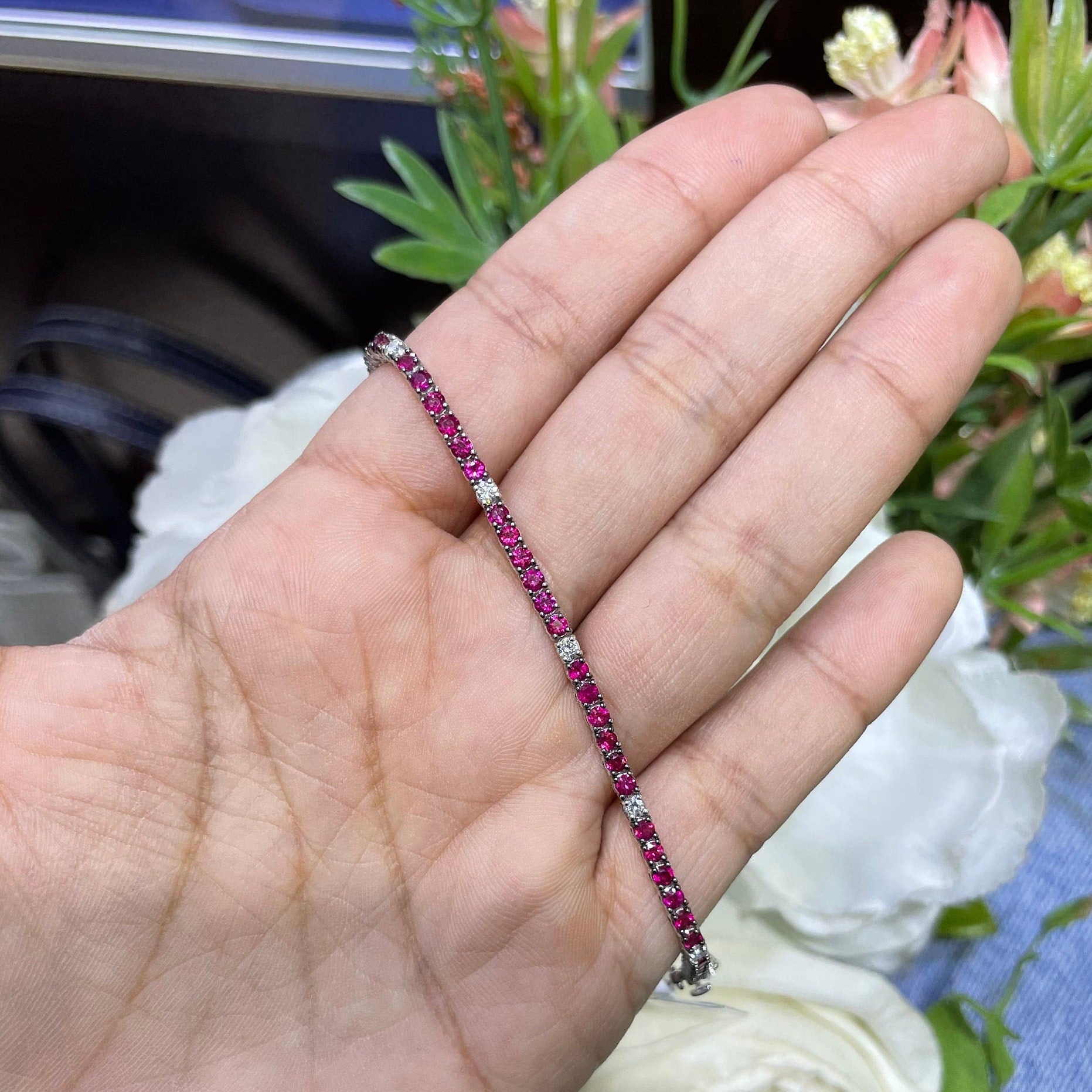 3.02ct Ruby Tennis and 0.32ct Diamond Bracelet in 18kt White Gold (etsy image id: 3660724744)